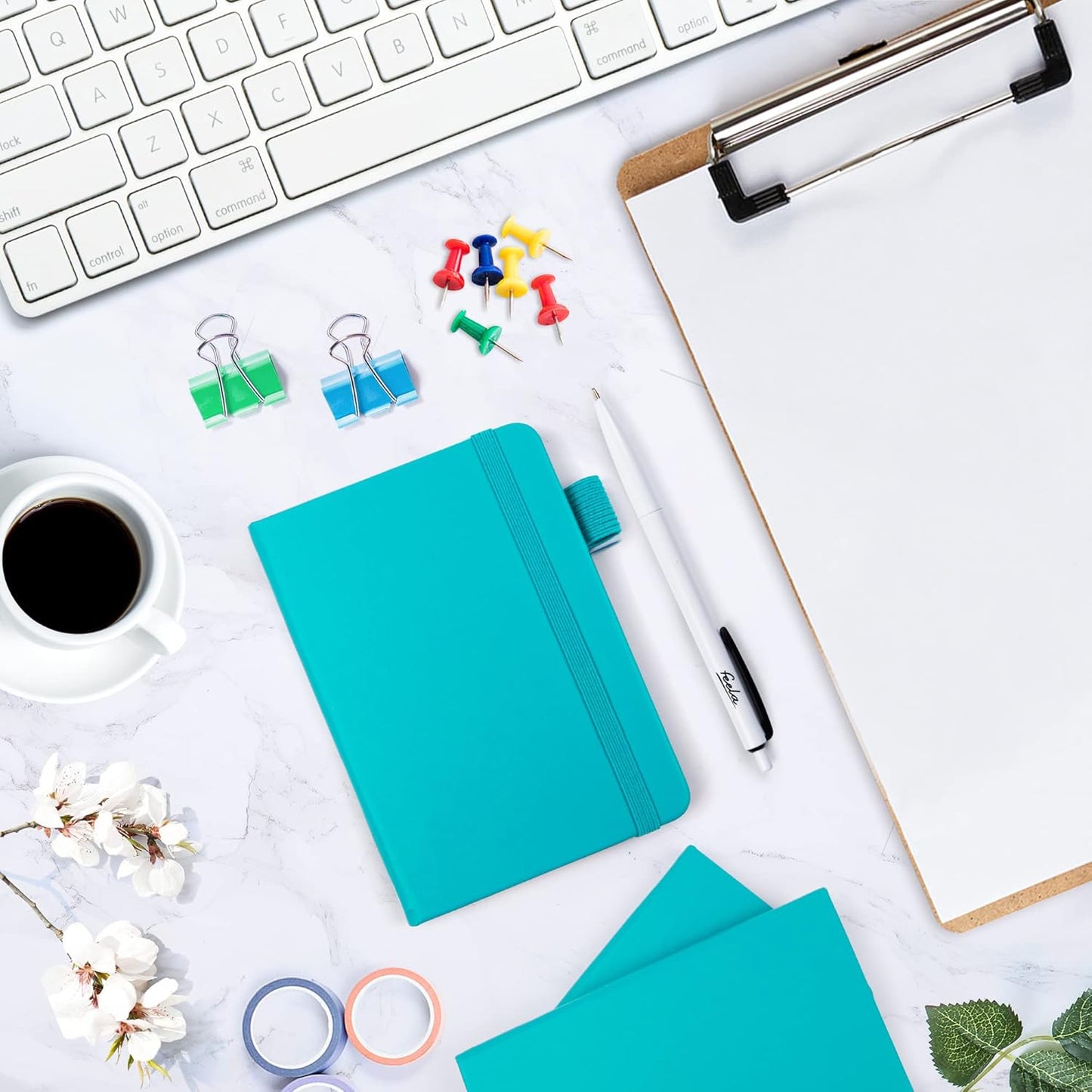 feela 15 Pack Pocket Small Notebooks Bulk, Mini Cute Notepads Hardcover College Ruled Lined Journals with Pen Holder for School Business Memos, with 15 Black Pens, 3.5”x 5.5”, A6, Emerald