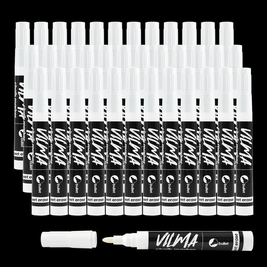 VILMA White Liquid Chalk Markers 36 Pack Chalk Pens for Blackboard, Chalkboard, Windows, Glass, LED Board, Bistro Signs – Erasable Water-Based Ink Ideal for Teachers, Artists & DIY Projects
