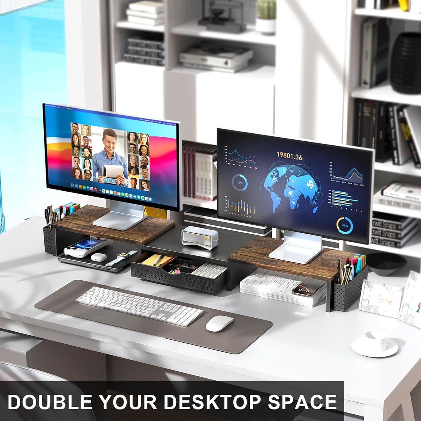 gianotter Dual Monitor Stand Riser, Desk Organizer With Drawer and 2 Pen Holders,Computer Monitor Stand, Desk Shelf for Top of Desk, Wood