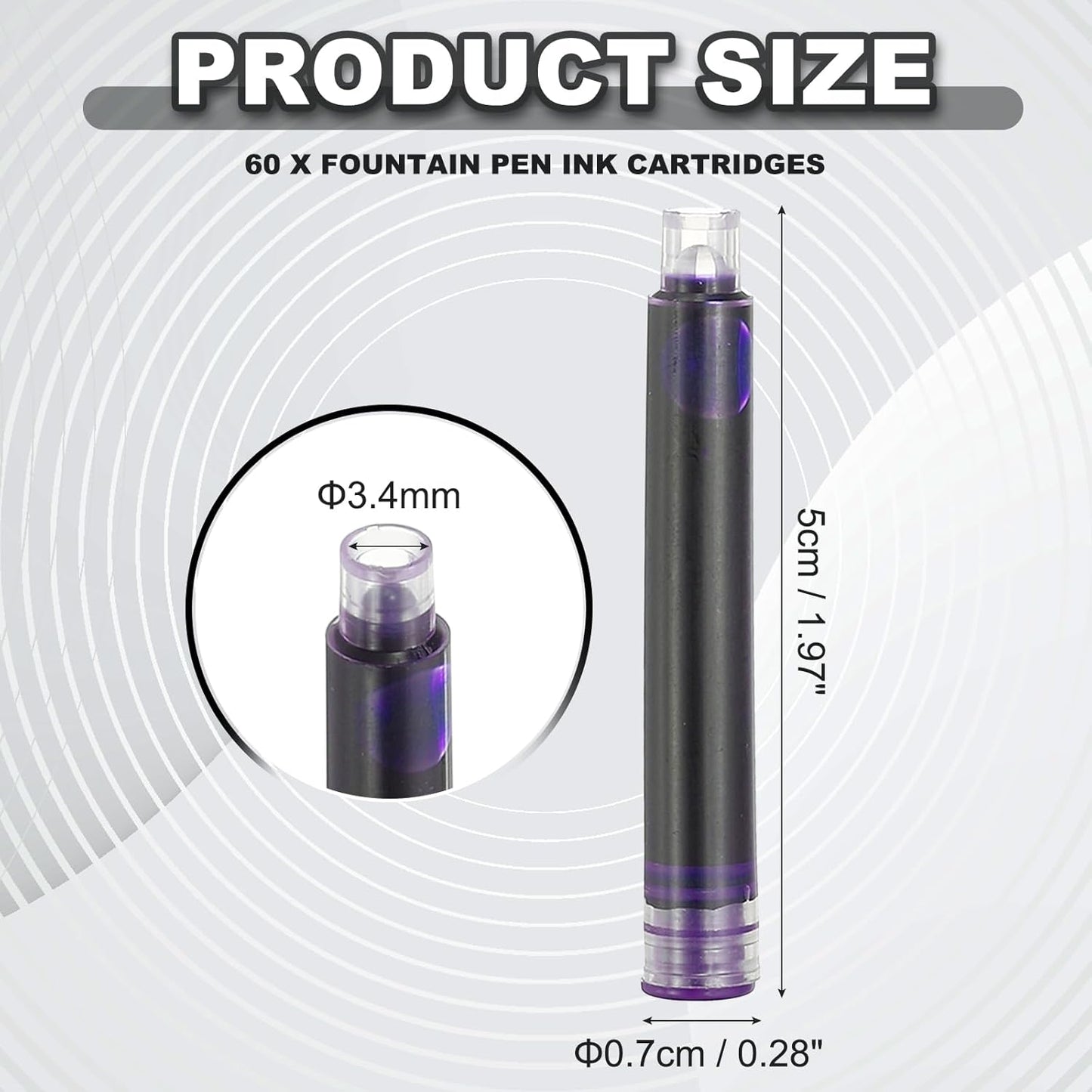 PATIKIL 60Pcs Fountain Pen Ink Cartridges, 3.4mm Bore Diameter Pen Ink Refill Standard International Refill Cartridges for Writing Business, Purple