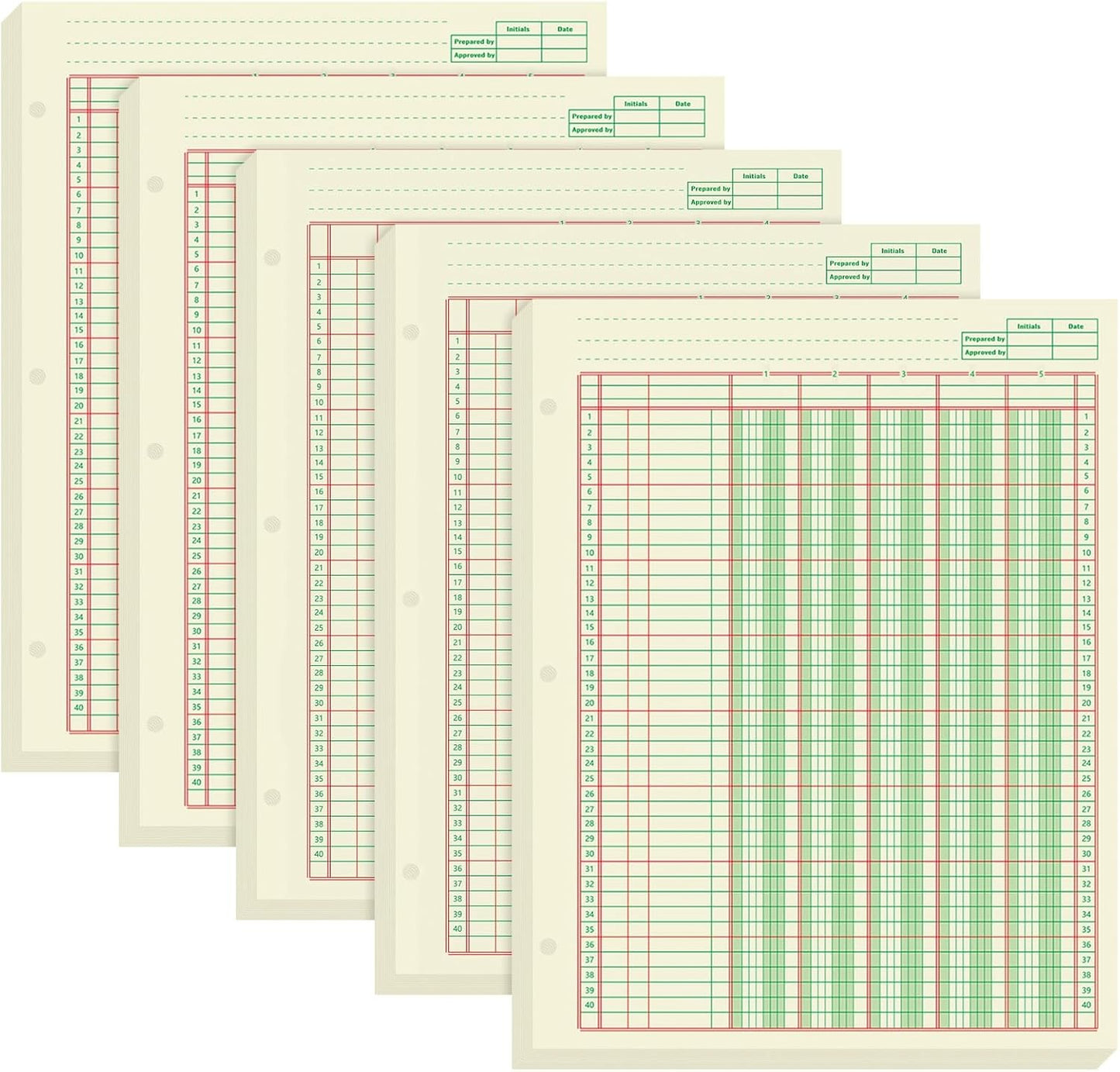 Fulmoon 5 Pack 250 Sheets Ledger Paper Accounting Columnar Pads 3 Hole Analysis Accounting Ledger Book for Business, 50 Sheets/Pack, Single Page Format, Green(8.5 x 11 Inch,5 Columnar)