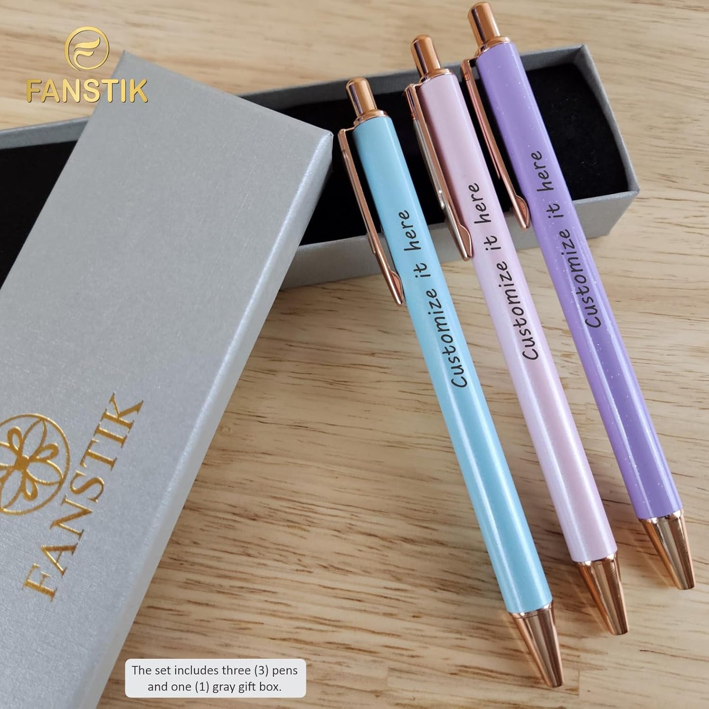 Customized BallPoint 3-pack pens set with name (MADE IN USA), Fancy Pen Set for Women, Thank you gift for woman, Luxury engraved pens personalized for women, (BallPoint Fancy Set)