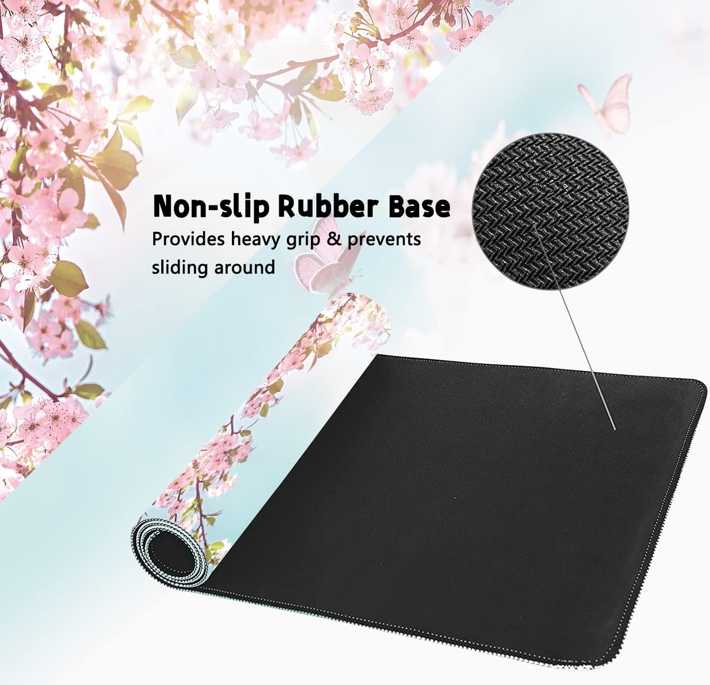 Extended Large Gaming Mouse Pad Dreamy Romantic Pink Sakura Butterflies XXL Size Keyboard Mouse Mat Desk Pad with Non Slip Rubber Base Stitched Edges Office Decor for Women Girls Men,35.4 x 15.7inch