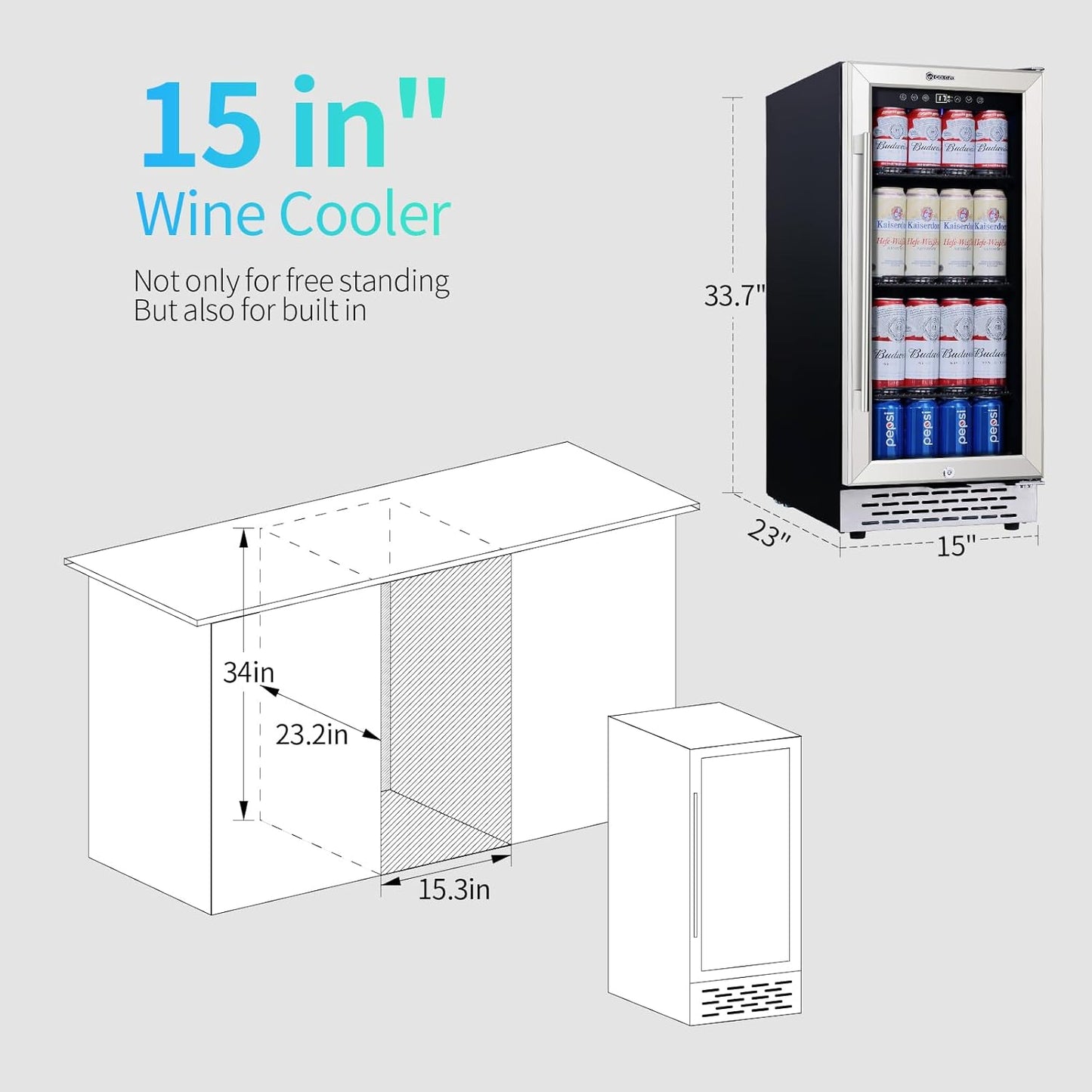 15 Inch Beverage Refrigerator Under Counter, 130 Cans Beverage Fridge with Tempered Glass Door & Lock, 37-65°F Beverage Cooler For Home/Bar, Built-in/Freestanding Mini Drink Cooler(3.53 cu.ft)