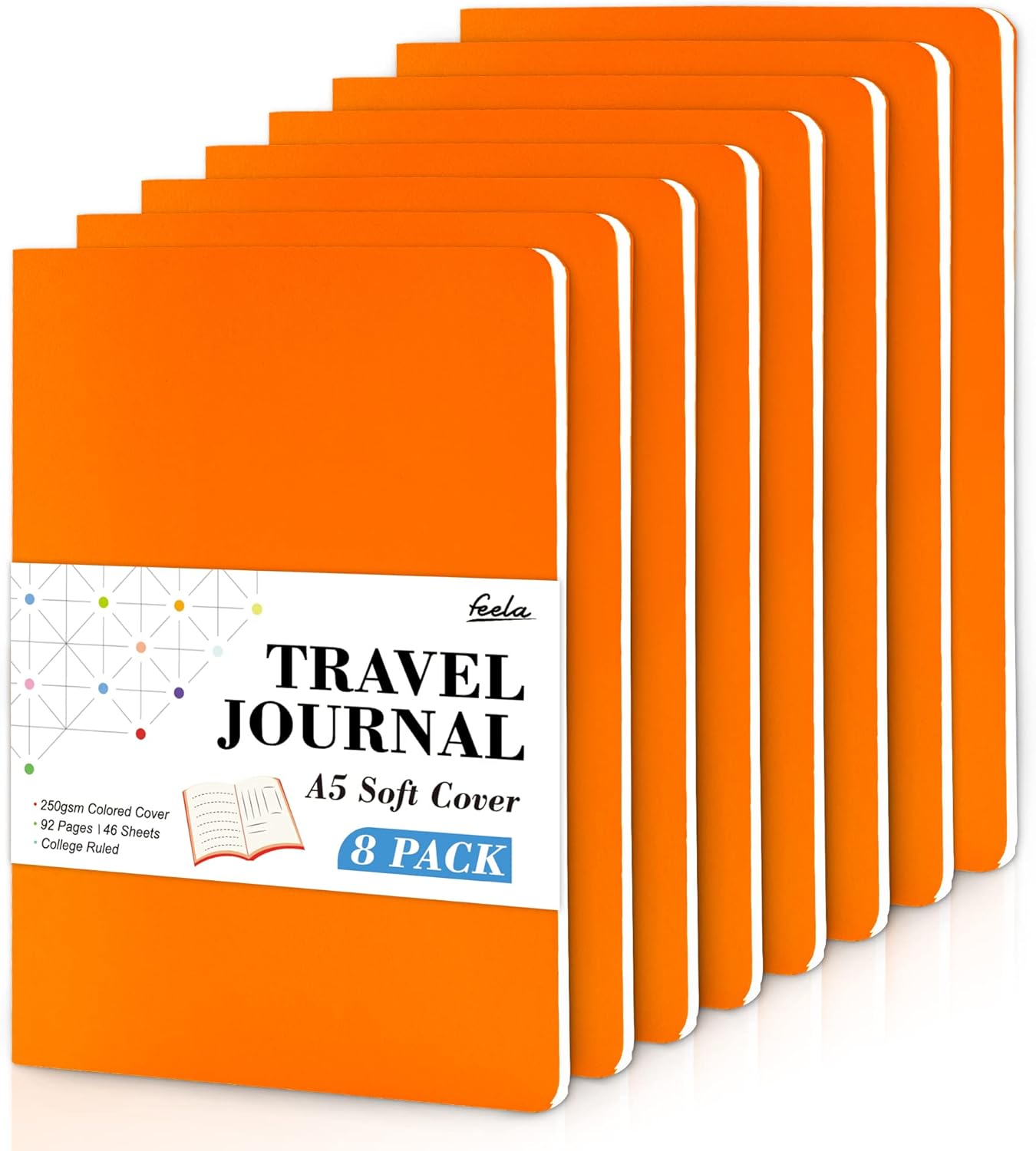 feela 8 Pack Soft Cover Journal Bulk, Notebooks College Ruled for Work, Lined Travel Journal for Women Men, Note Taking Notebook School Supplies Business Writing, 8.2” x 5.5”, A5, Orange