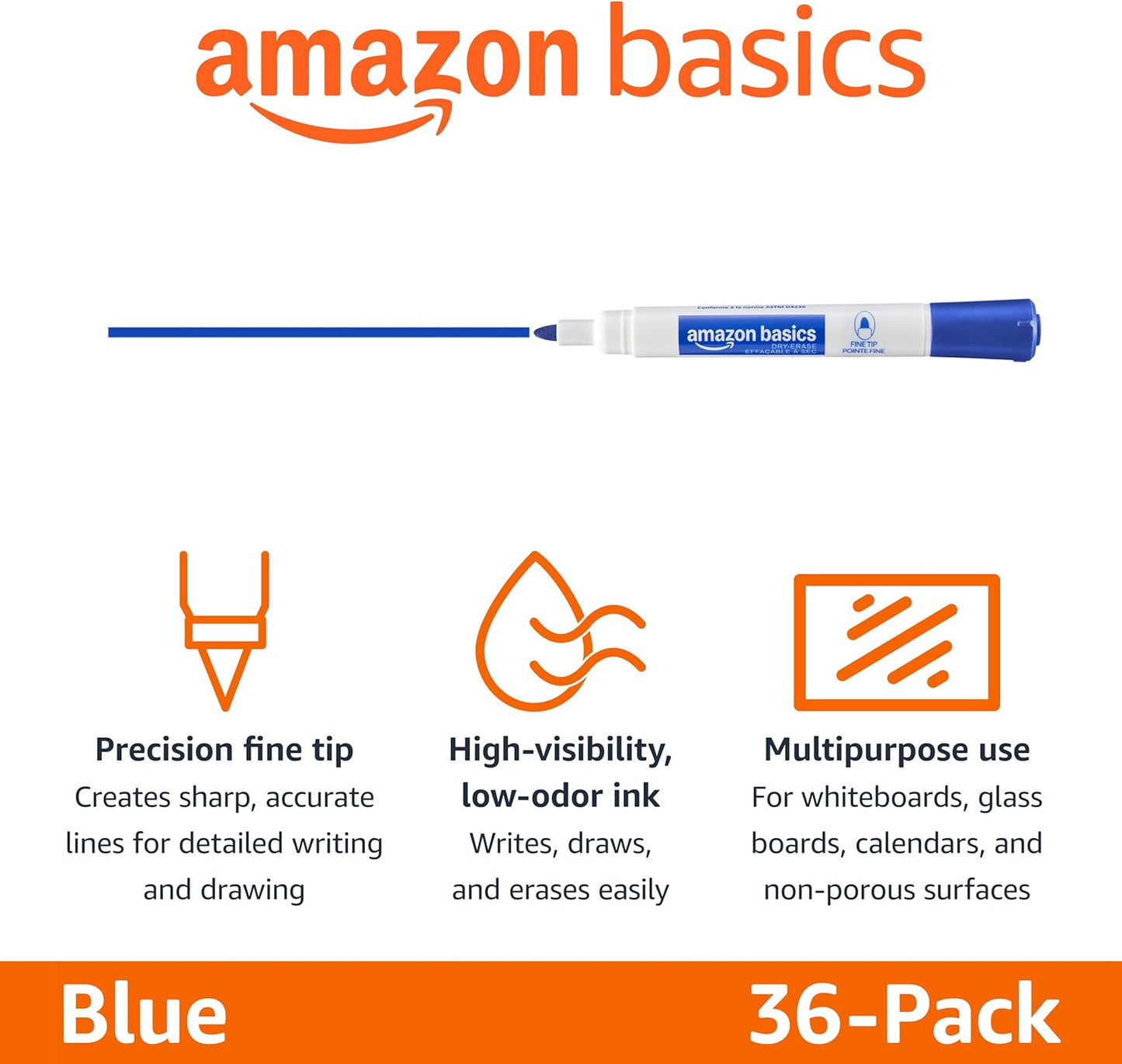 Amazon Basics Low-Odor Dry Erase Whiteboard Markers, Fine Tip, Blue, 36 Count
