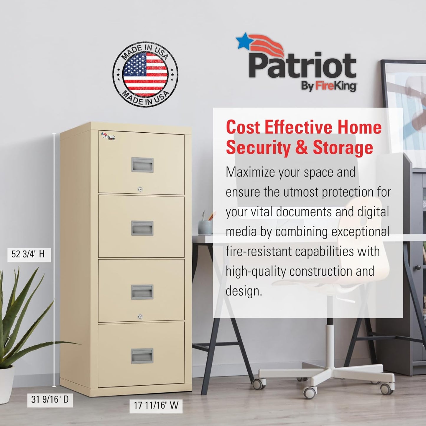 FireKing Patriot Vertical 4 Drawer Legal & Letter Fire Safe File Cabinet, Key Lock, 1 Hour Fire Rated UL Rated & Water Resistant, USA Made, Parchment