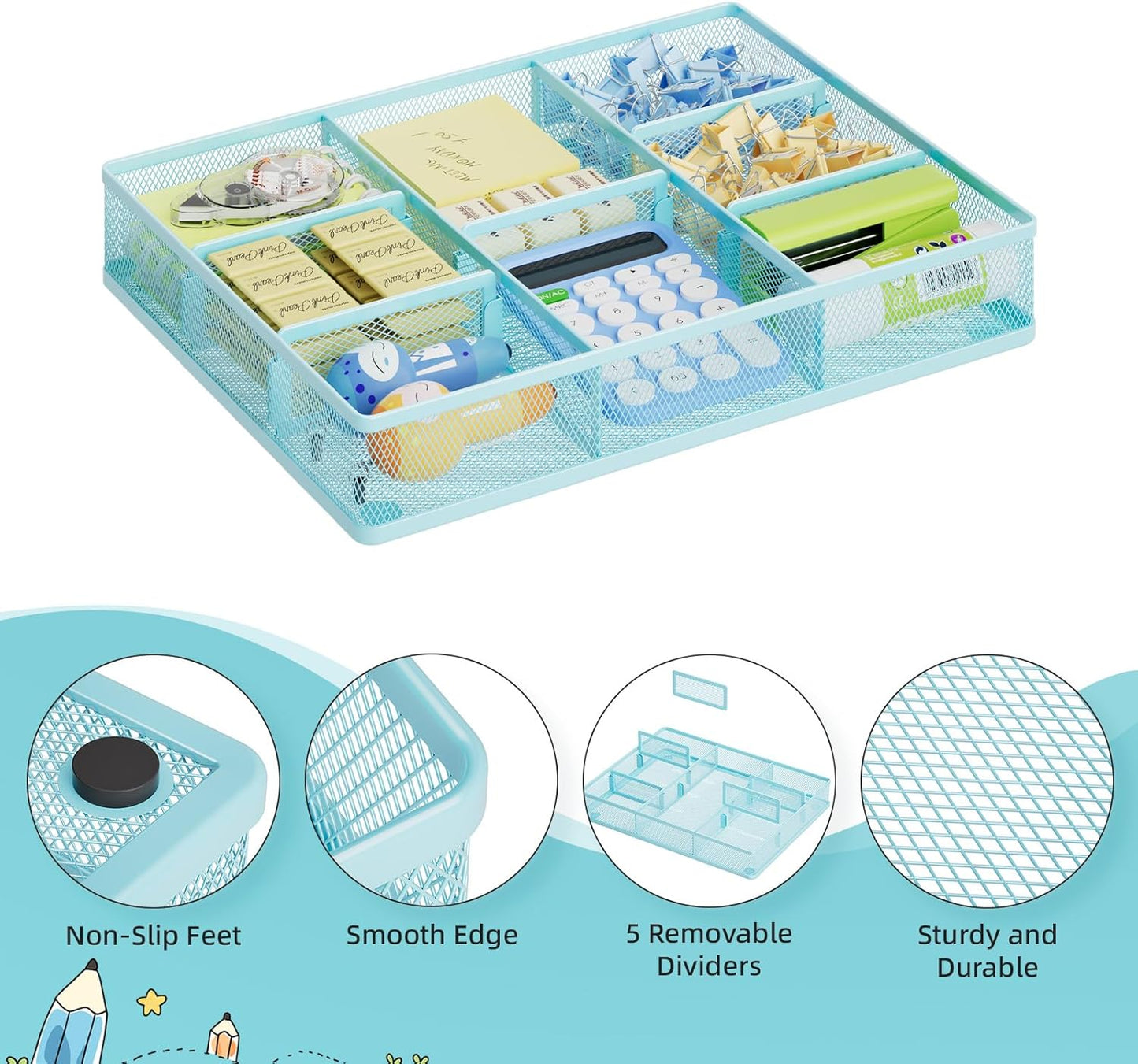 Marbrasse Desk Drawer Organizer, Metal Mesh Drawer Organizer Tray with 5 Adjustable Compartments,Desk Organizers and Accessories for Home,Office,Kitchen,Makeup,Vanity (Blue)