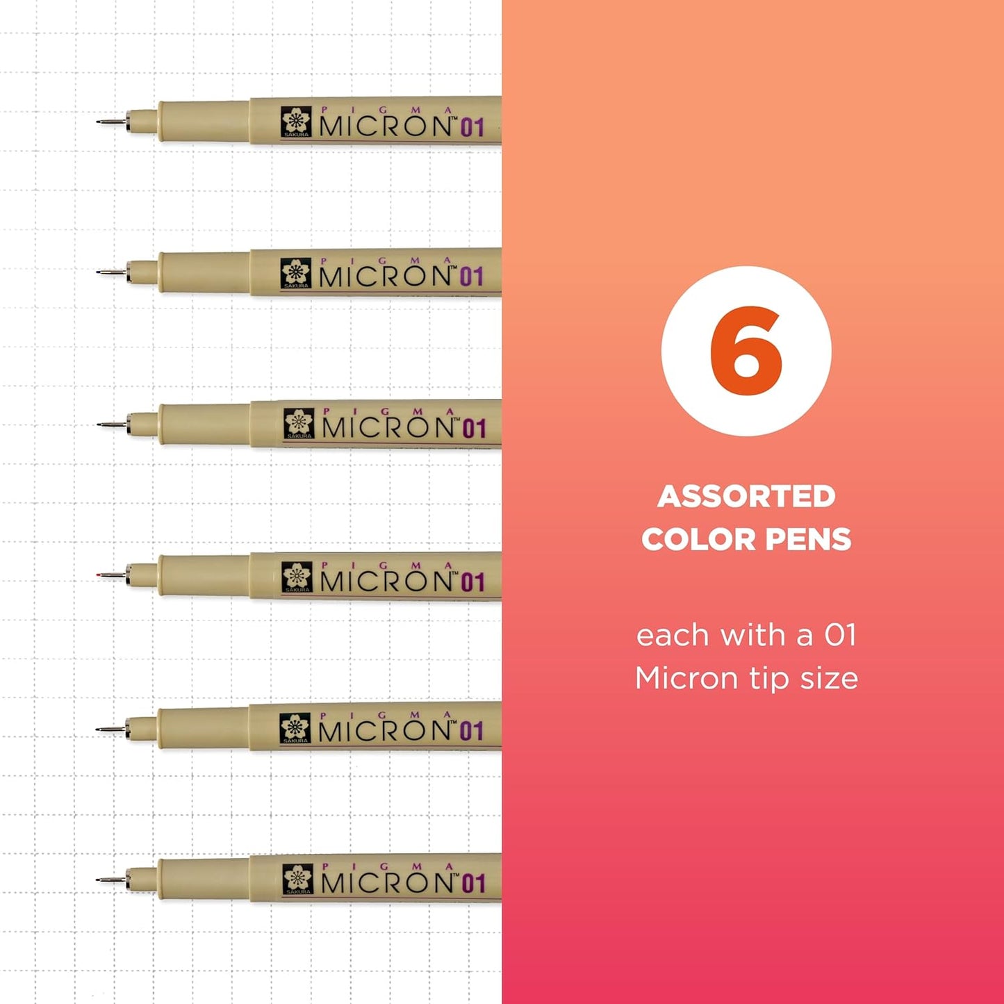 SAKURA Pigma Micron Fineliner Pens - Archival Black & Colored Ink Pens - For Writing, Drawing, or Journaling - Black & Assorted Colored Ink - 01 Point Size - 6 Pack