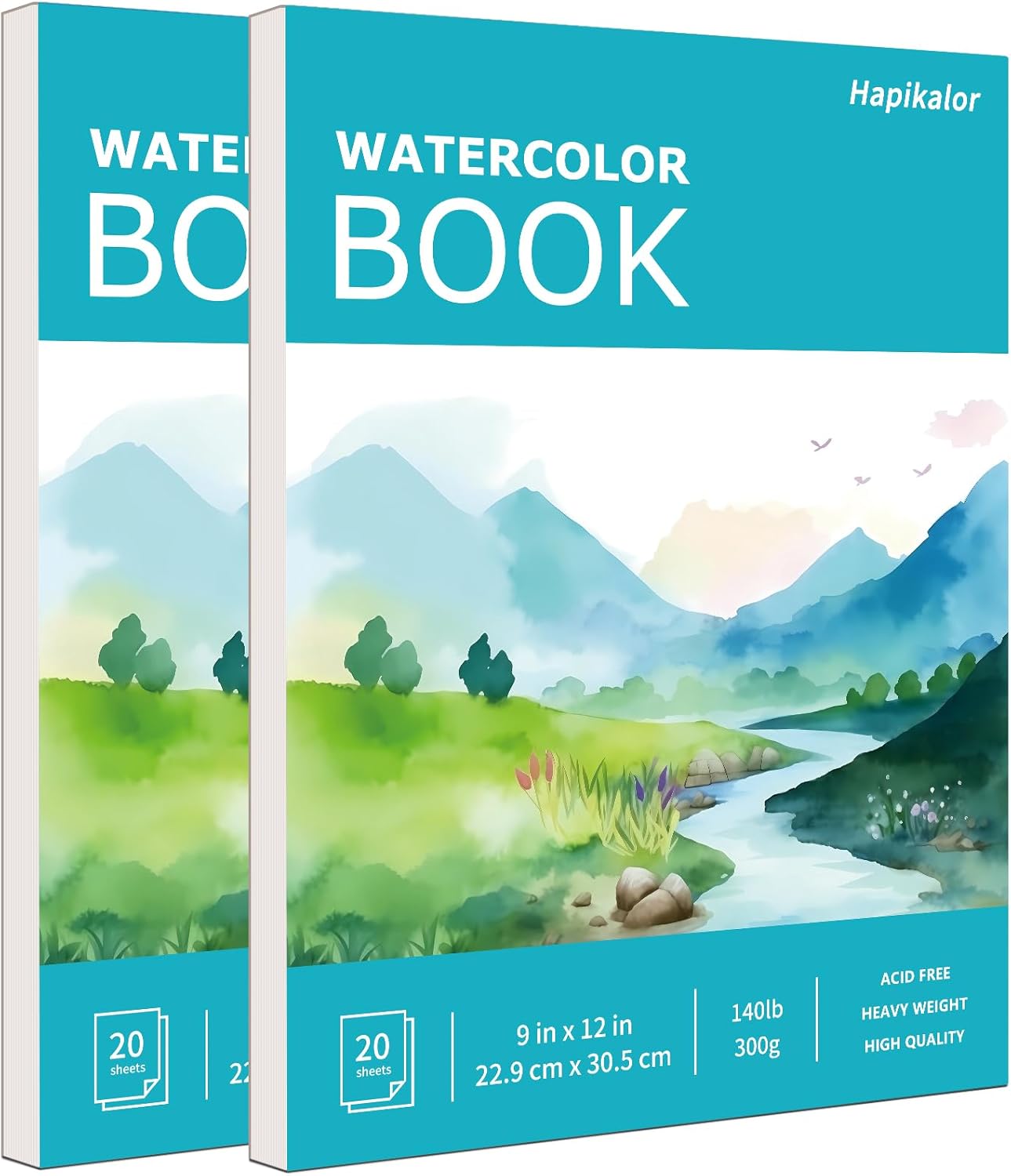 Hapikalor 2-Pack 9"x12"Watercolor Paper Pad, Bulk School Supplies for Kids, Teacher Classroom Must Have, Art Watercolor Paper, Arts & Crafts, Watercolor Pad for Finger Paint, Watercolor Pens, Teal