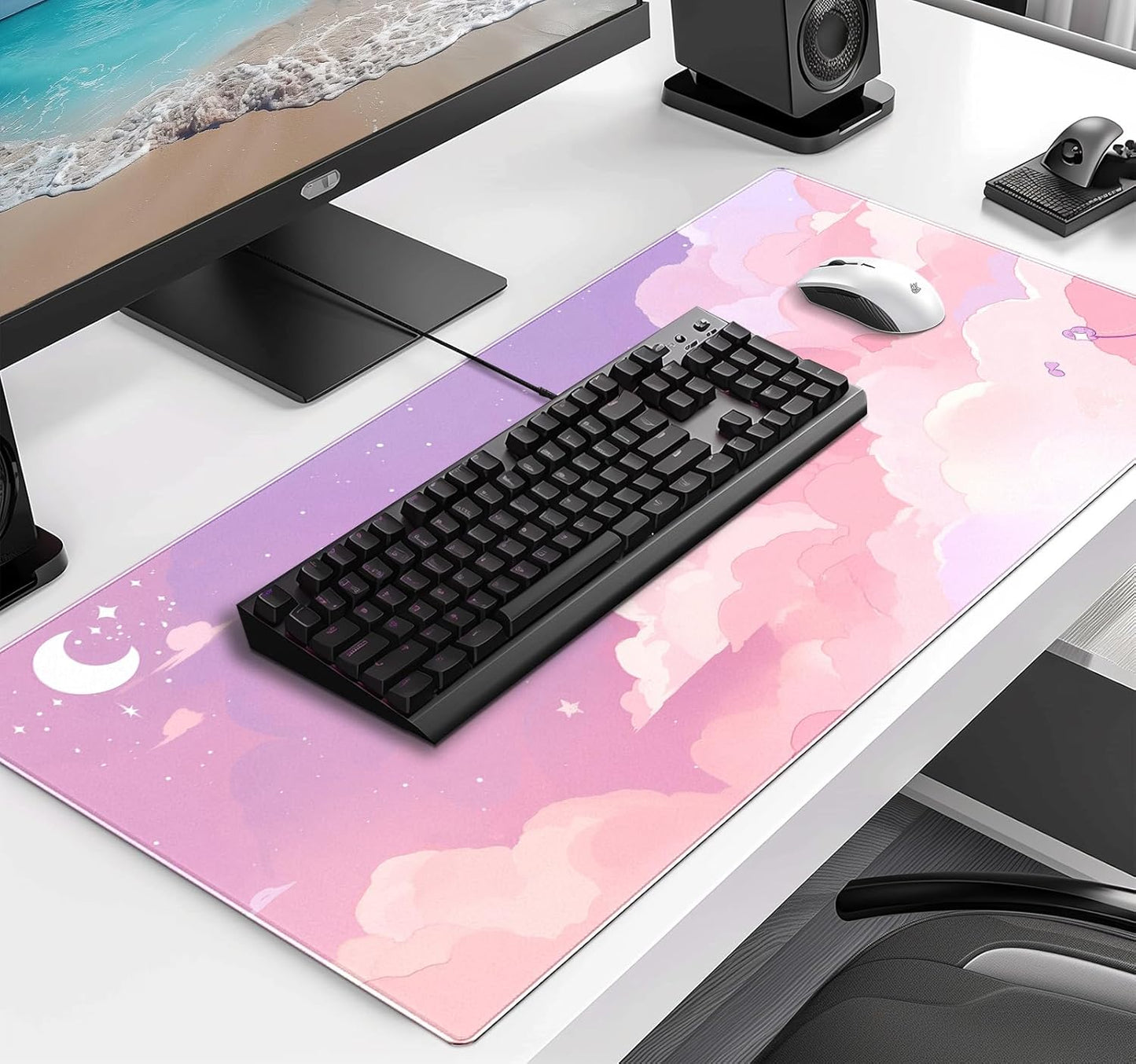 Cute Anime Cloud Desk Mat, Beautiful Pink Stitching Edge Non Slip Rubber Mouse Pad, Suitable for Female and Girl Office Decoration 35.4 x 15.7 x 0.12 Inches