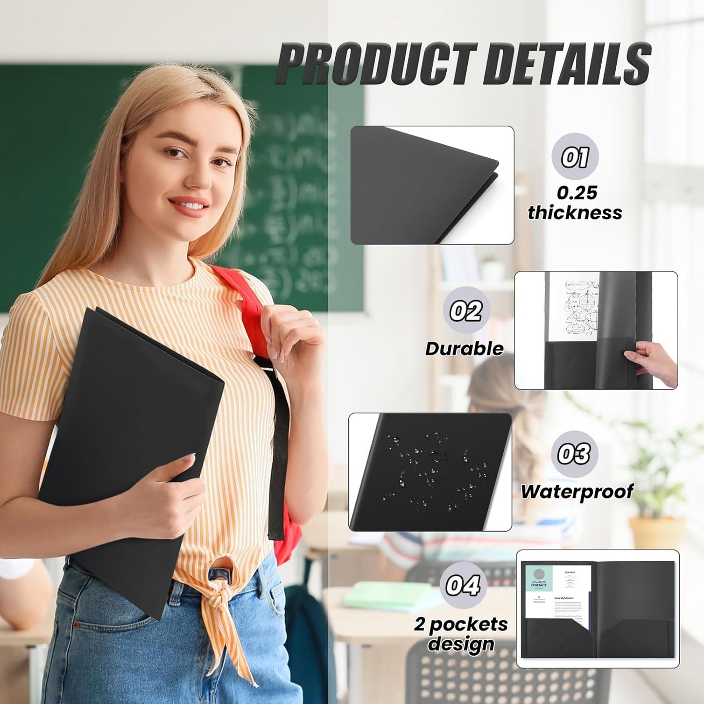 Gueevin 400 Pcs Two Pocket Folders Bulk Plastic File Folder with 2 Pockets Letter Size Paper Heavy Duty Durable Portfolios Case for Home Office School Business 11.61 x 9.45 Inch (Black)