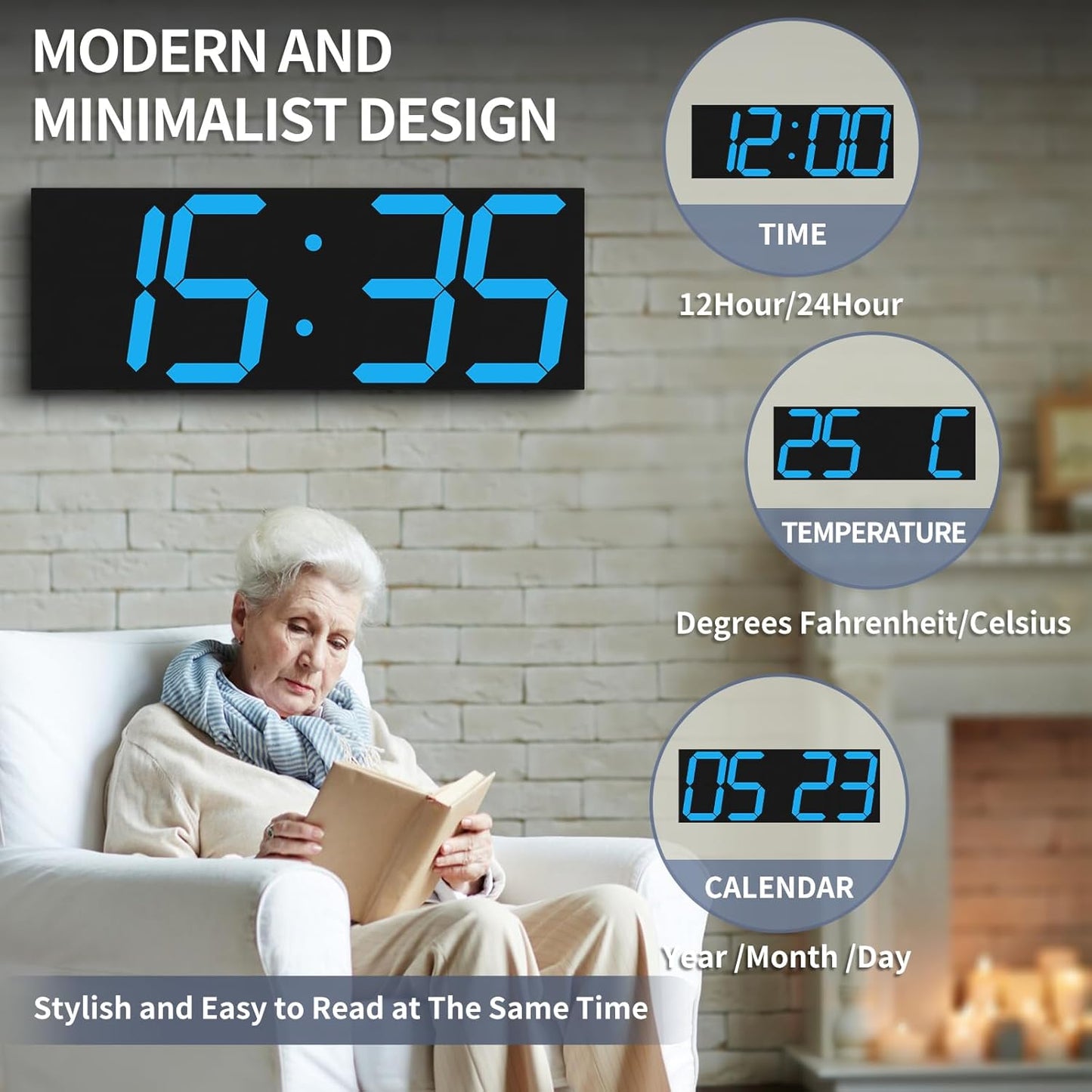 18.7in Large Digital Wall Clock,LED Digital Clock with Big Number,Multi-Function Remote Controlled Wall Clock with Timer, Alarm and Calendar Display(Blue)