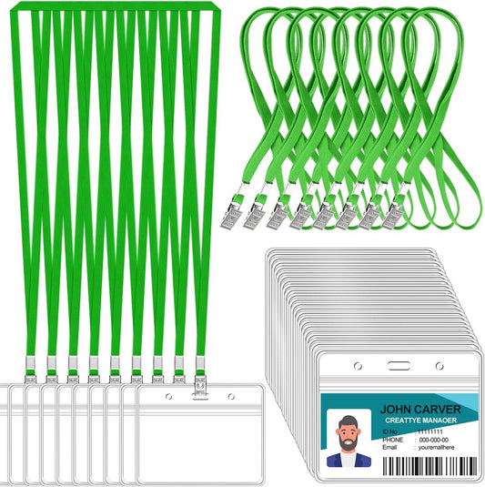 100 Pcs Clear Horizontal Badge ID Card and 100 Pcs Lanyard, Reusable Lanyards for Id Badge Holder Name Tag Badge Holder with Lanyards for Adults Kids Business School Conferences (Green)