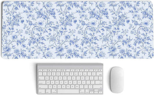 Light Blue Chinoiserie Mouse Pad,Vintage Blue And White Floral Desk Mat,XL Large Vintage Floral Preppy Mouse Pad,Girly Gaming Mousepad,Girly Laptop Desk Mat For Dorm Home Office,31.5x11.8 Inch