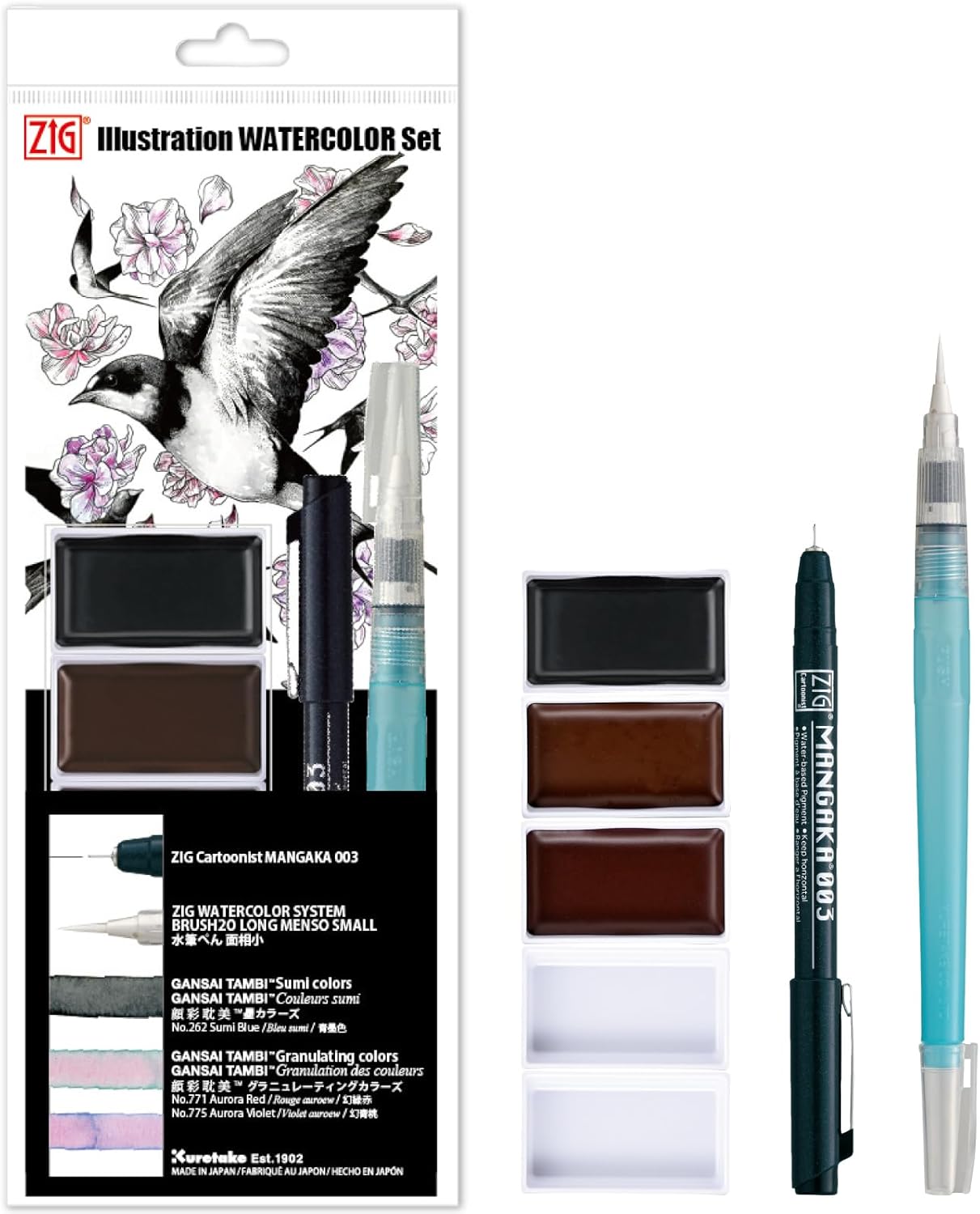 Kuretake Zig illustration watercolor Set, 3 Gansai Tambi, Fineliner and Waterbrush pen, for Inktober, Manga, Drawing, Calligraphy, Professional, Artist, Made in Japan (IKTB-25/7V)