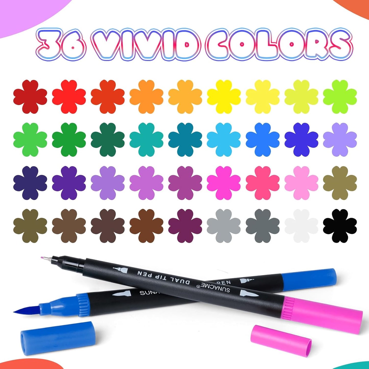 36 Dual Brush Marker Pens, 36 Colors Art Marker Set with Brush Tip and Fineliner Tip for Kids Adults Coloring Books, Aesthetic School Art Supplies No Bleeding