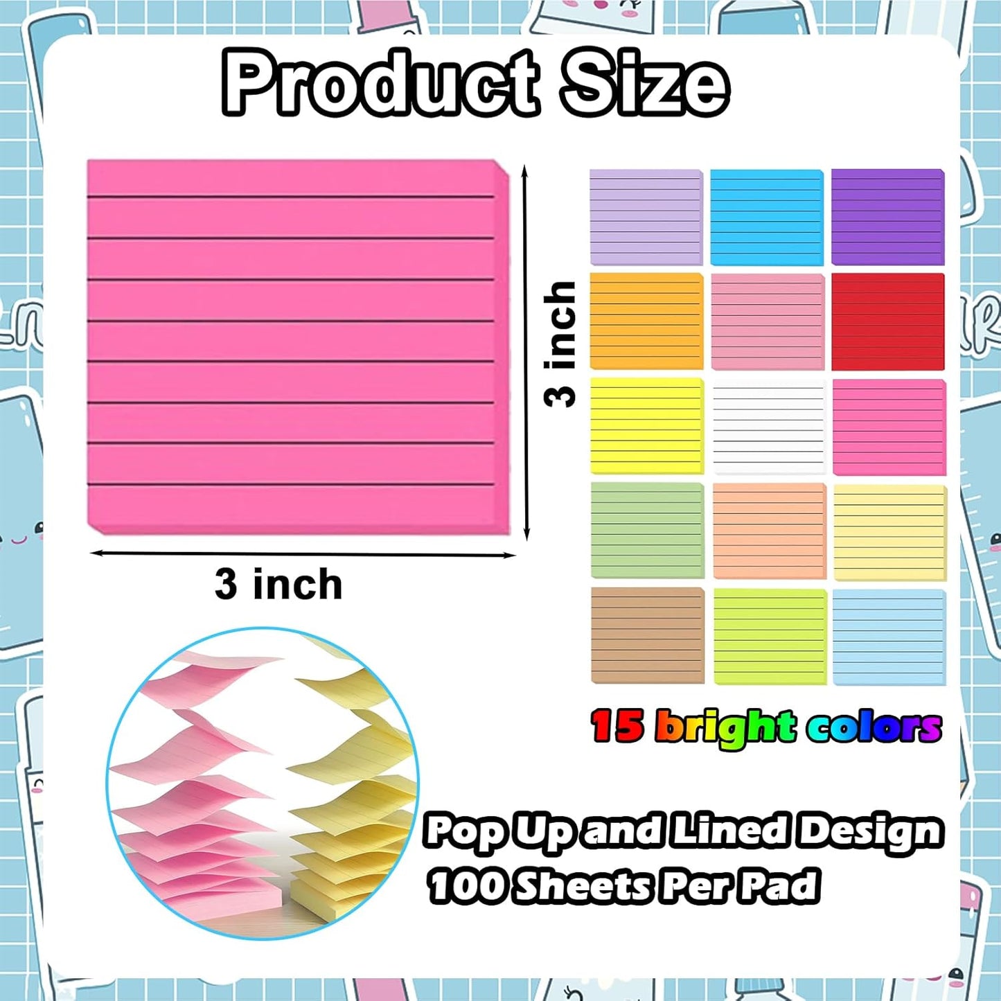 15 Pads Pop Up Sticky Notes,15 Bright Colors Self-Stick Notes Pads with Lines,1500 Sheet Lined Sticky Notes 3x3 Inch Pop up Refills,Clean Removal,Assorted Pastel Colors,100 Sheets/Pad