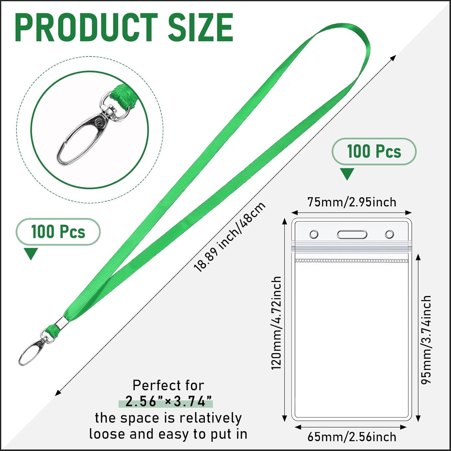 Fumete 100 Sets Name Tag Lanyards with ID Badge Holder Durable Clear Cruise Teacher Lanyards with Plastic Waterproof ID Badge Holders Bulk for Adults Teacher School Office Ship Cards(Green)