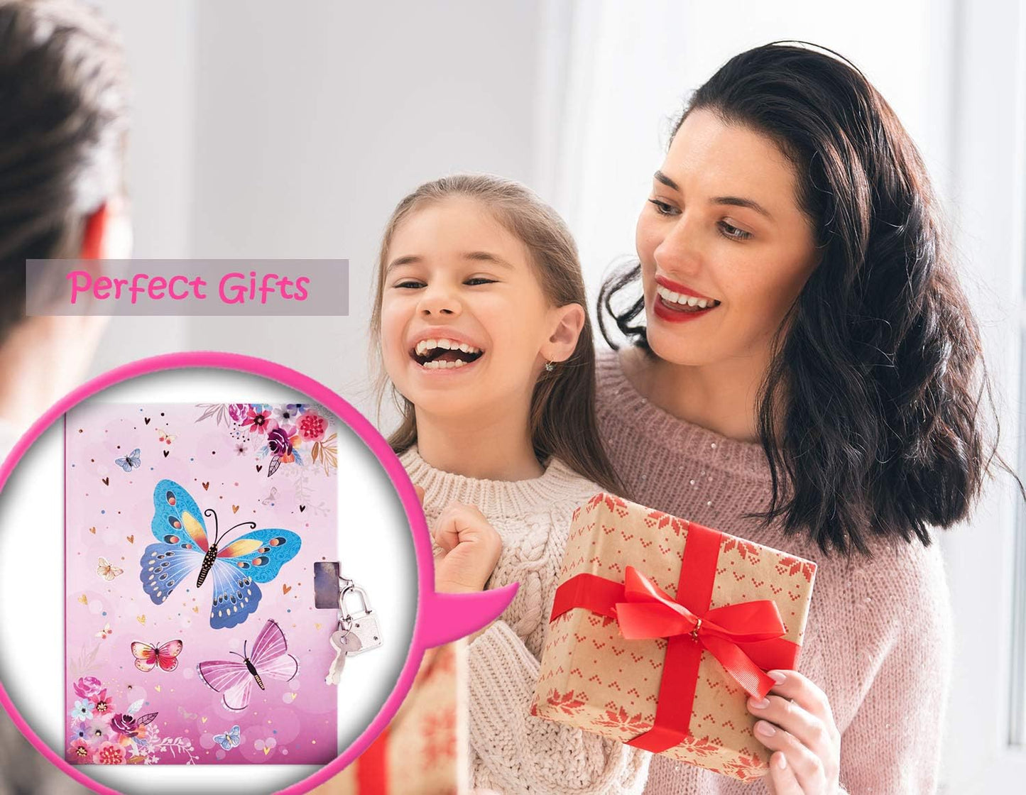 Girls Diary with Lock for Kids, 7x5.25 Inches 160 Lined Pages Secret Pink Butterfly Notebook for Girls Journal with Lock for Kids Pre School Writing Drawing Cute Girls Gifts for Birthday