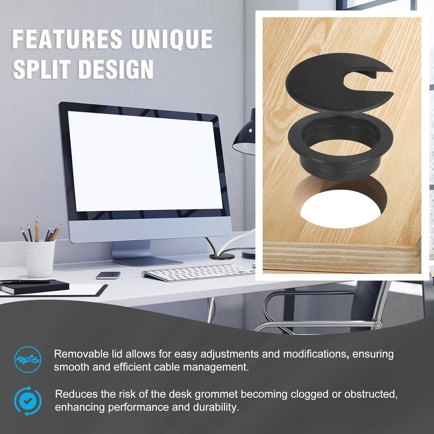 2" Black Desk Grommet with Bi-Metal Hole Saw, JTemgle Plastic Cable Hole Cover Computer Table Cord Wire Organizer Caps, Desktop Cord Management for Home Office TV Stands Tabletops, 7 Pieces