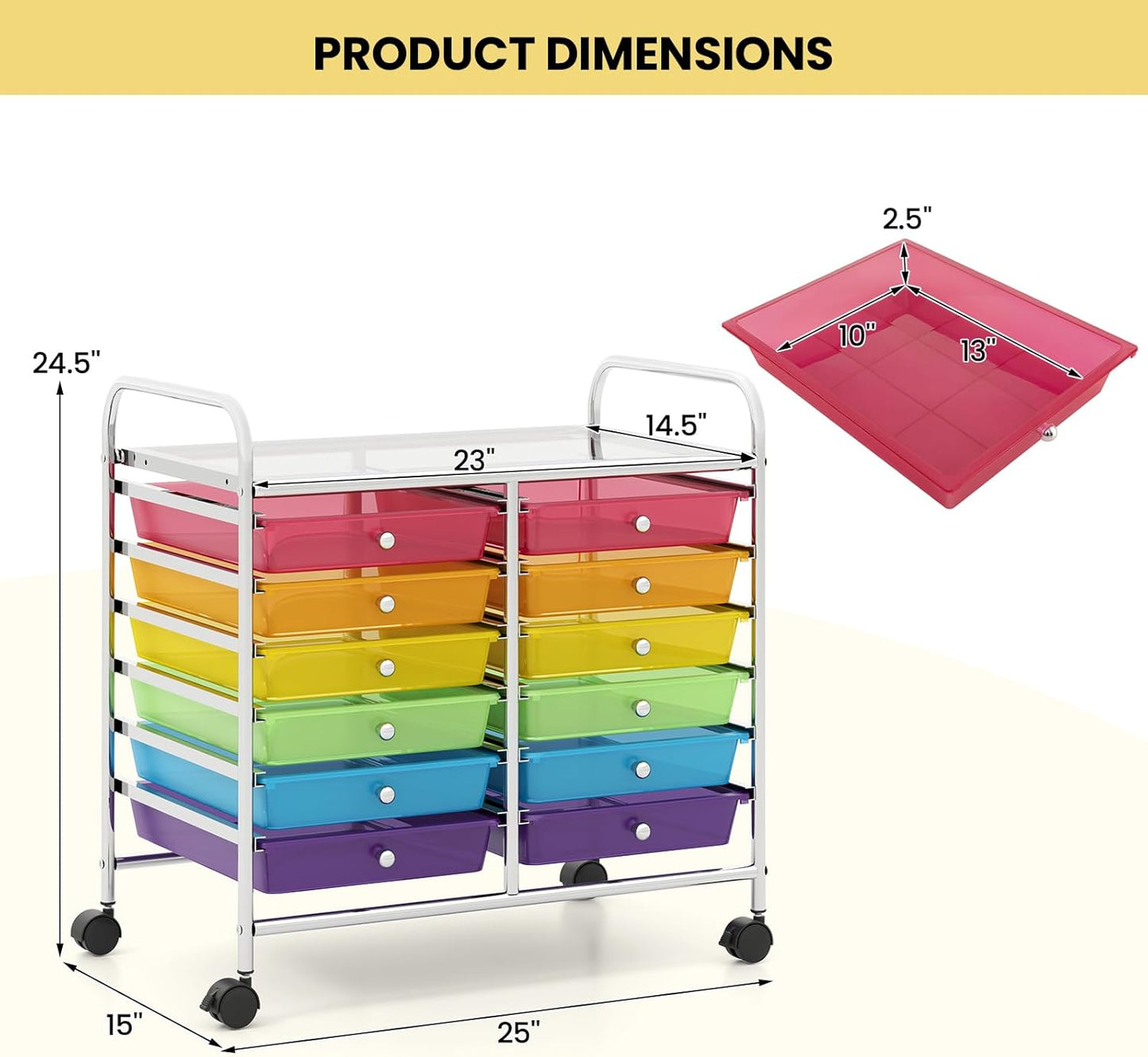 Giantex 12 Drawers Rolling Cart, Mobile Storage Drawer Cart, Classroom Organizer Cart for Office School Supplies Tools Scrapbook Paper Craft Small Printer, Utility Cart on Wheels, Rainbow