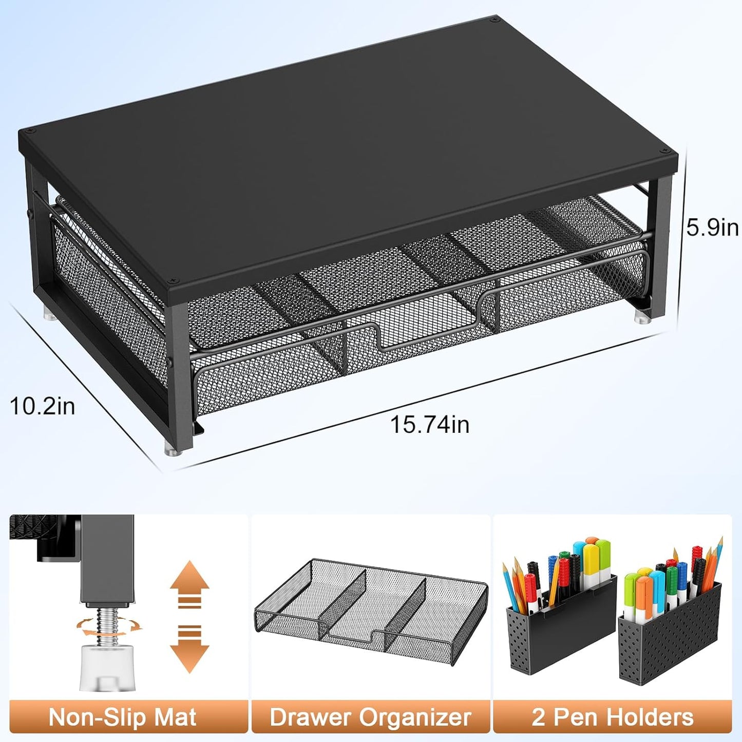 gianotter Wood Monitor Stand Riser, Office Desk Shelf Organizer, Desk Organizer with Drawer and Pen Holder, 2-Tier Computer Stand, Office Organization (Ink)