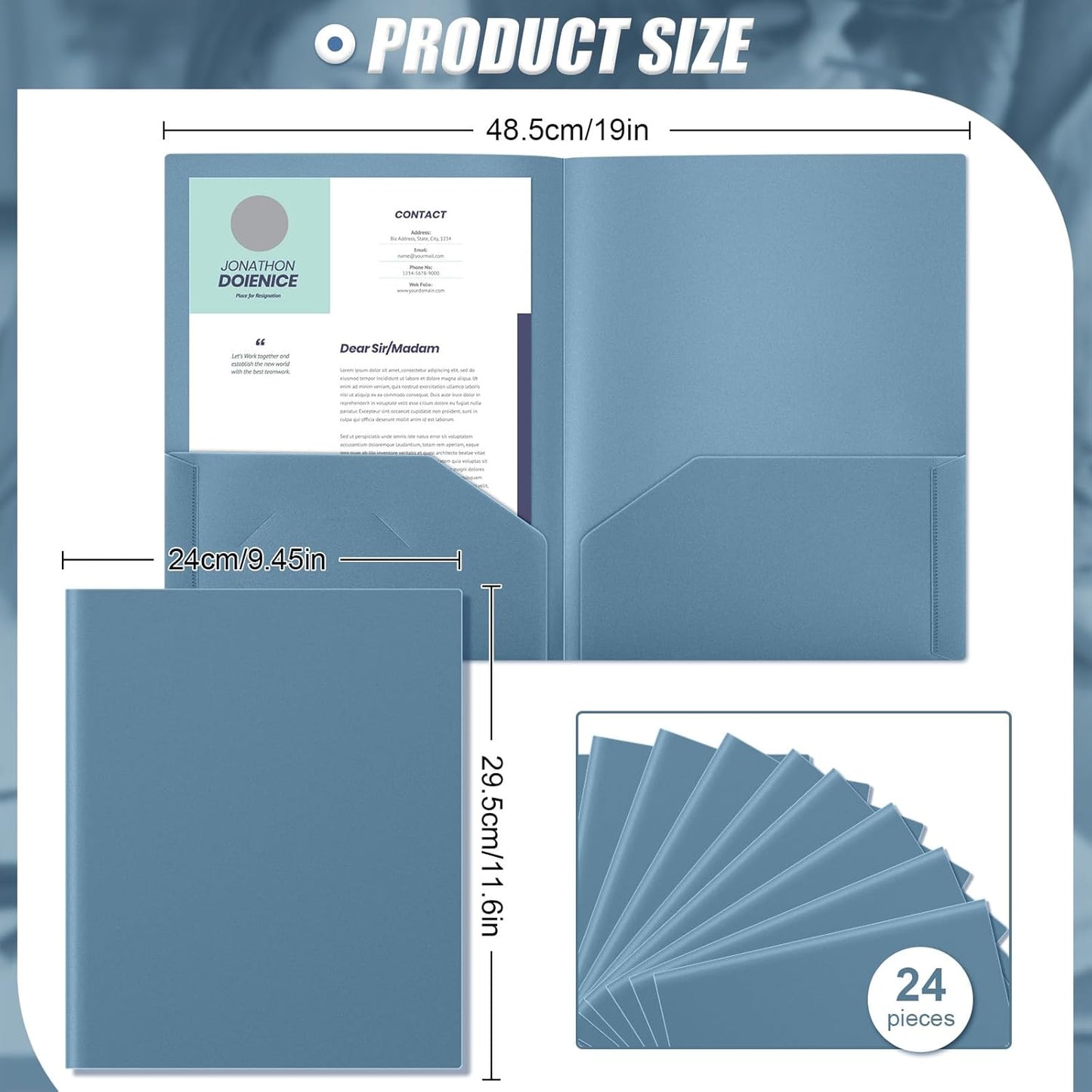 Gueevin 24 Pcs Plastic Folders with Pockets, Back to School Two Pocket Folder Fit Letter Size, Heavy Duty School Business Card Holder for Home Office, 11. 61 x 9. 45 Inches (Blue Gray)