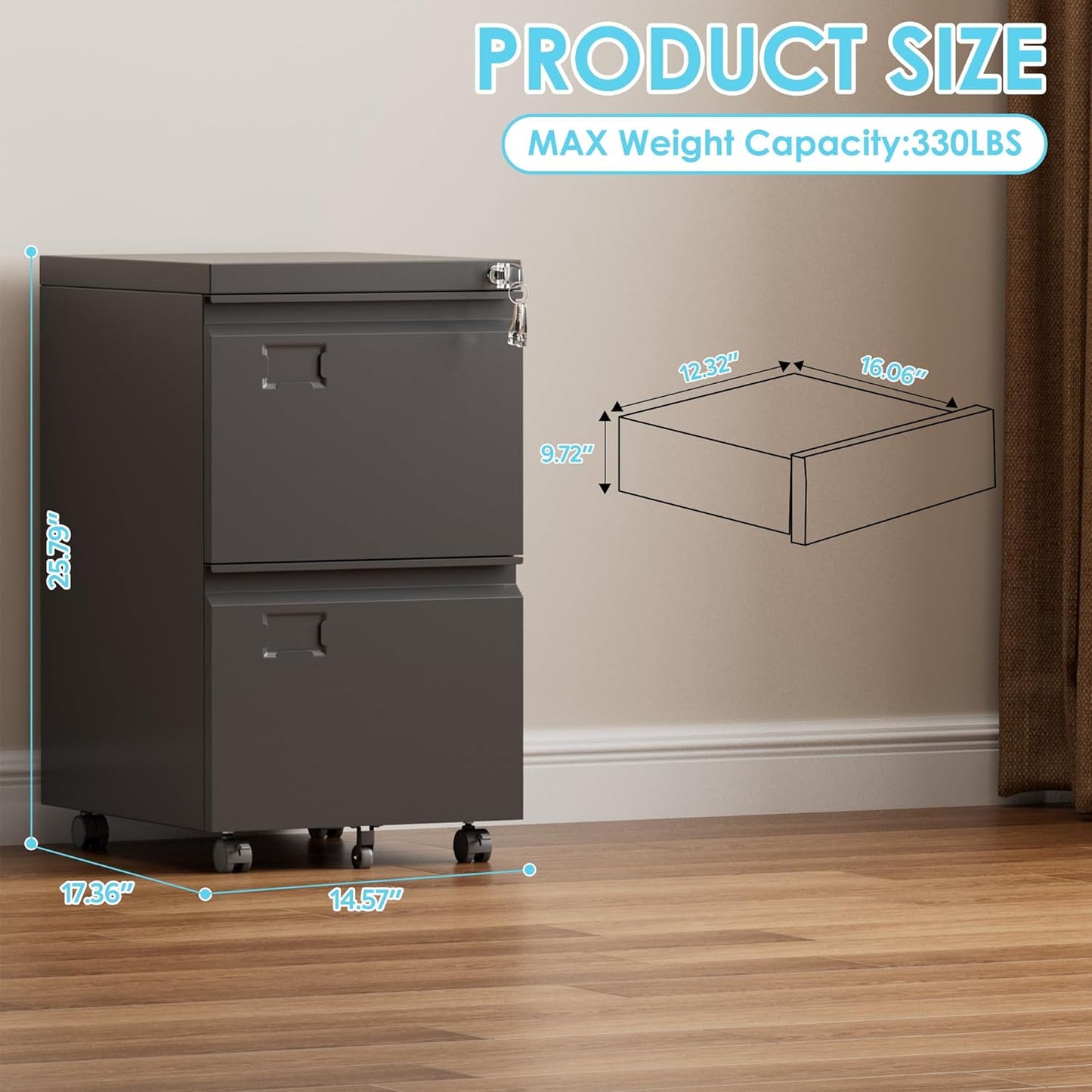 2 Drawer Mobile File Cabinet with Lock,Under Desk Metal Filing Cabinets for Home Office Fits Letters/Legal/A4 Size Folder, Assembly Required, Black