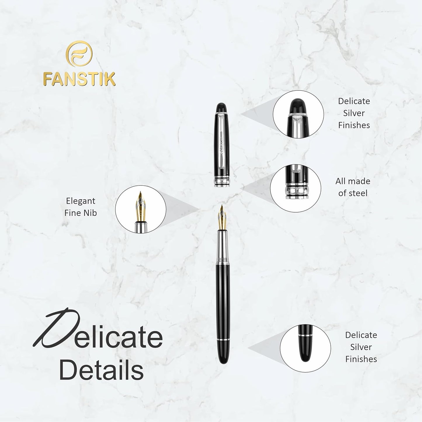 Customized Fountain pen with name (MADE IN USA), stainless steel, black and Silver, luxury engraved pen personalized for men and for women. (Fountain Black-Silver)
