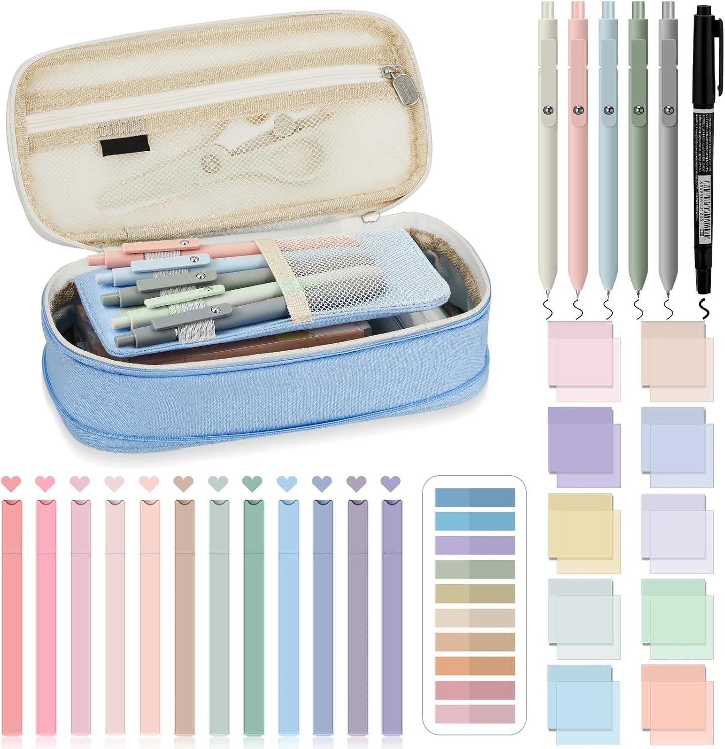 Jutom 39 Pcs Aesthetic Book Annotation Kit Highlighter with Pencil Case Bag Gel Pen Transparent Sticky Note Taking Bible Study College School Supplies(Light Blue,Cute Style)