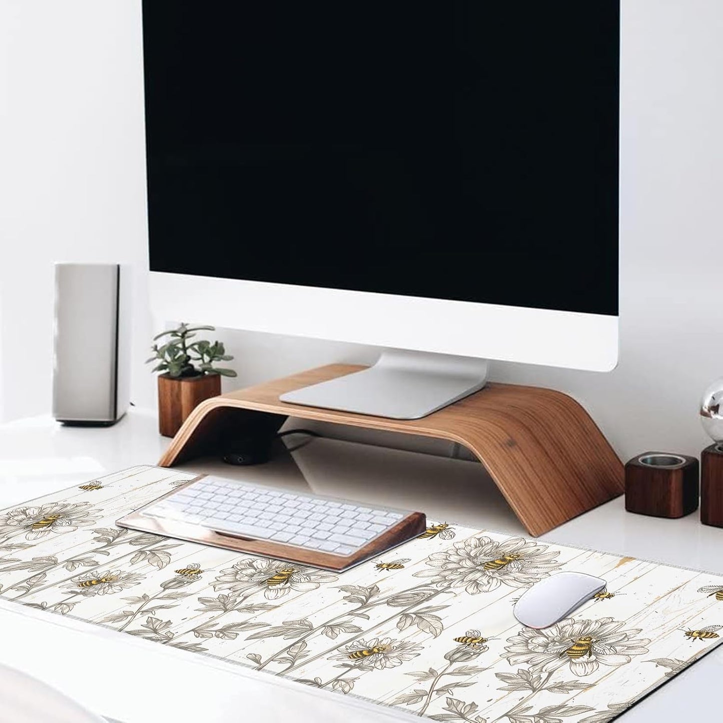 Bee Large Gaming Desk Mat,Rubber Non-Slip Bumble Floral Mouse Pad,31.5x11.8x0.12in Extended Multiple Colors Cute Sketch Bees Mousepad,Game Lover Mice Pads Gifts,Office Home Deskmat Decor