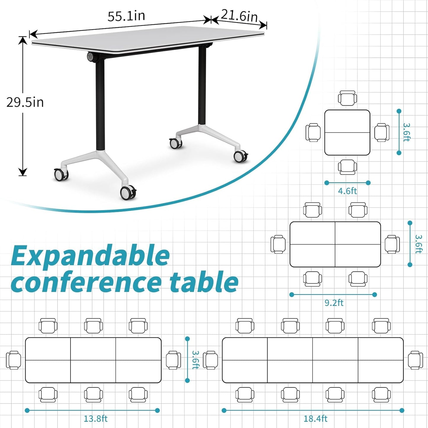 Folding Conference Table, Modern Conference Room Tables with Flip-Top Design, Foldable Conference Table Meeting Table with Wheels, Mobile Seminar Training Tables for Office Classroom (4, White 2)