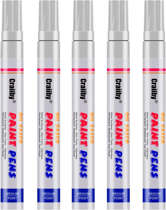 White Paint Markers, 5 Pack Oil-Based Waterproof Quick Dry and Permanent Paint Pen Set for Rocks Painting, Wood, Plastic, Canvas, Glass, Mugs, Metal, Tire, Stone, DIY Craft