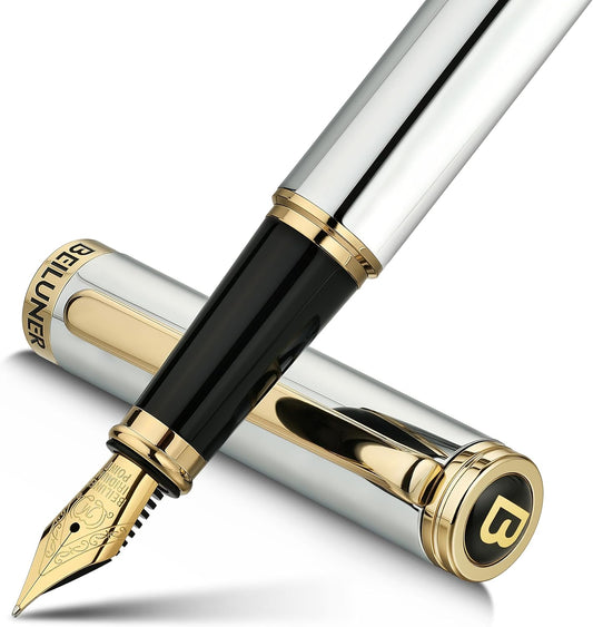 BEILUNER Silver Chrome Fountain Pen,Stunning Luxury Pens with 24K Gold Accents, Gorgeous 24K Gilded Nib(Medium), Ink Converter,Fancy Pen Gift for Men&Women-Elegant, Office, Executive,Nice for Writing