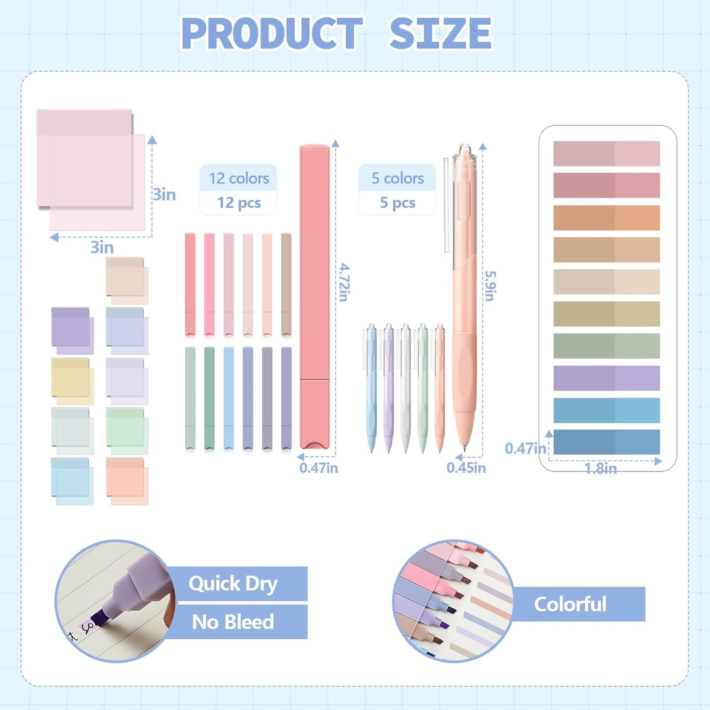 Jutom 39 Pcs Aesthetic Book Annotation Kit Highlighter with Pencil Case Bag Gel Pen Transparent Sticky Note Taking Bible Study College School Supplies(Dusty Blue,Classic Style)