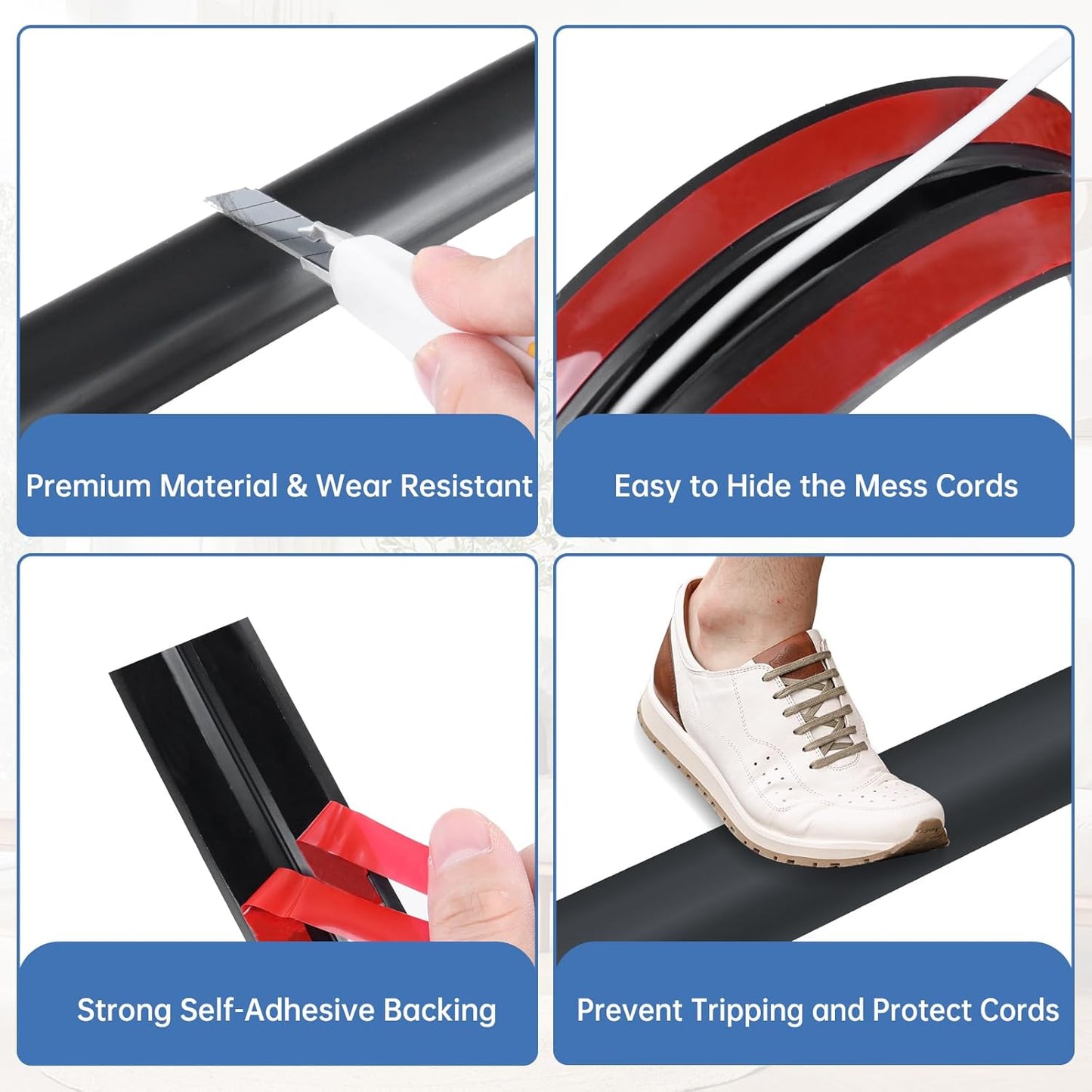 Floor Cord Cover Self Adhesive Cord Hider Floor Extension Cord Covers for Floor Power Cord Protector Cable Management Prevent Cable Trips Cable Cavity 0.51" W x 0.31" H (Black, 3.3Ft)