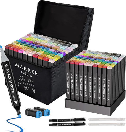 Banral Alcohol Markers Set, 100 Colors Dual Tip Alcohol Based Art Marker for Artists, Permanent Drawing Pens for Adult Coloring Sketching Illustration with Case and Holders