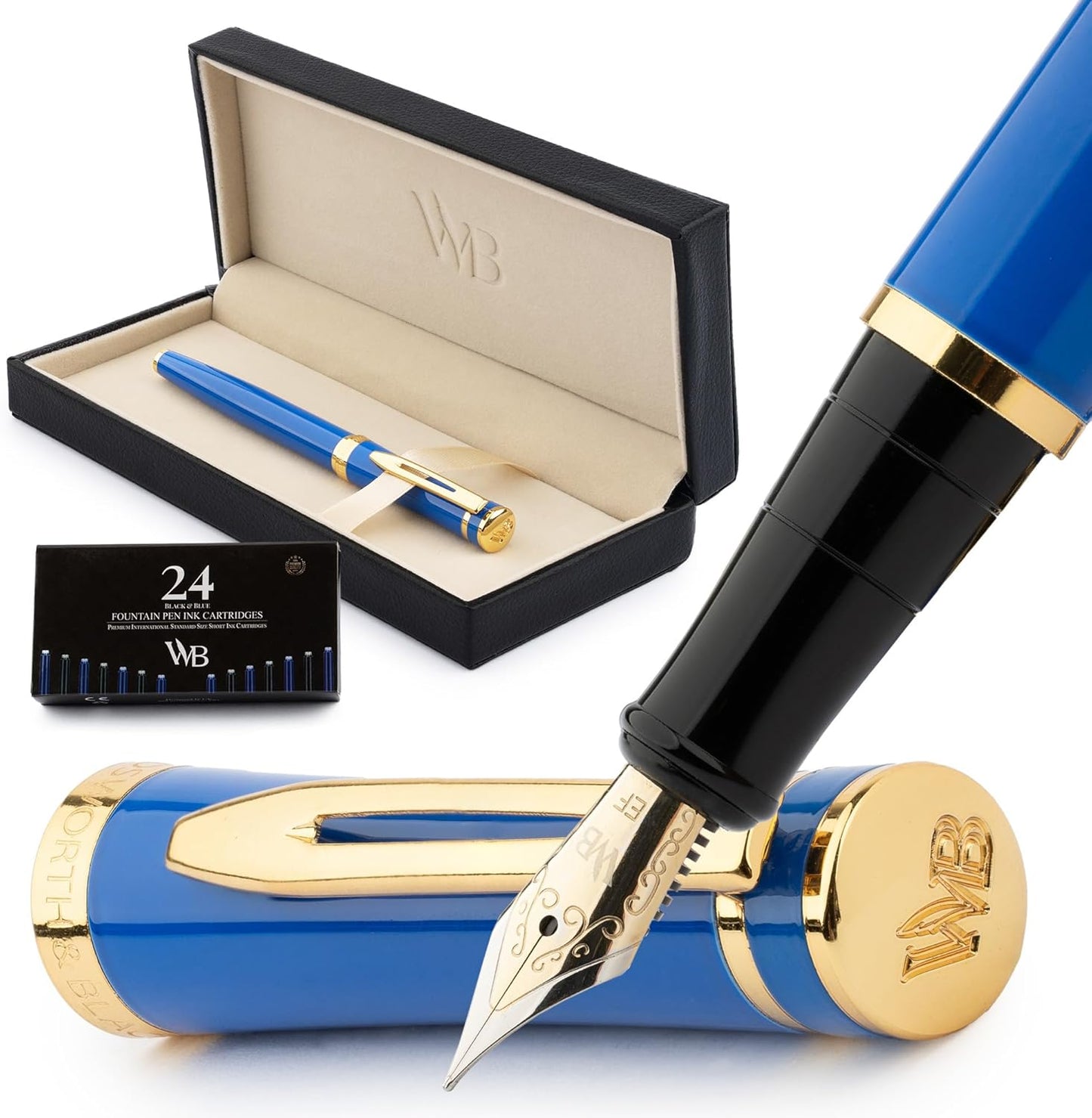 Wordsworth & Black Fountain Pen Set, 18K Gilded Extra Fine Nib, Includes 24 Pack Ink Cartridges, Ink Refill Converter & Gift Box, Gold Finish, Calligraphy, [Imperial Blue], Perfect for Men & Women