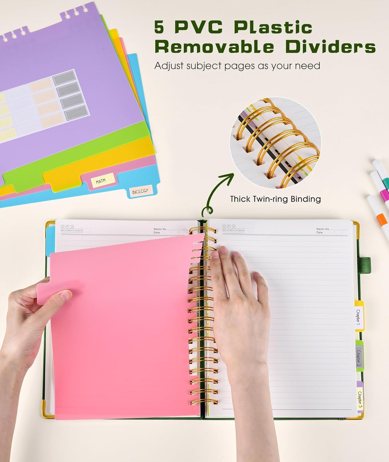 Hardcover Spiral Notebook journal with Removable Dividers Tabs, 300 Pages Leather 5 Subject Notebook College Ruled, 100GMS A5 Notebooks for Work School Note taking,Lined Journal for Women,A5-Green