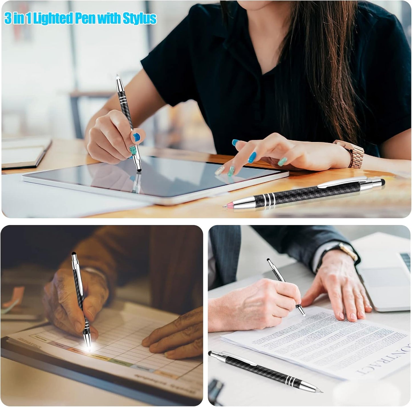 Lighted Tip Pen with Stylus 3-in-1 - LED Penlight Light Up Pen Light Ballpoint Pen with Light for Writing in the Dark - Pack of 3 - Red Light - GL006