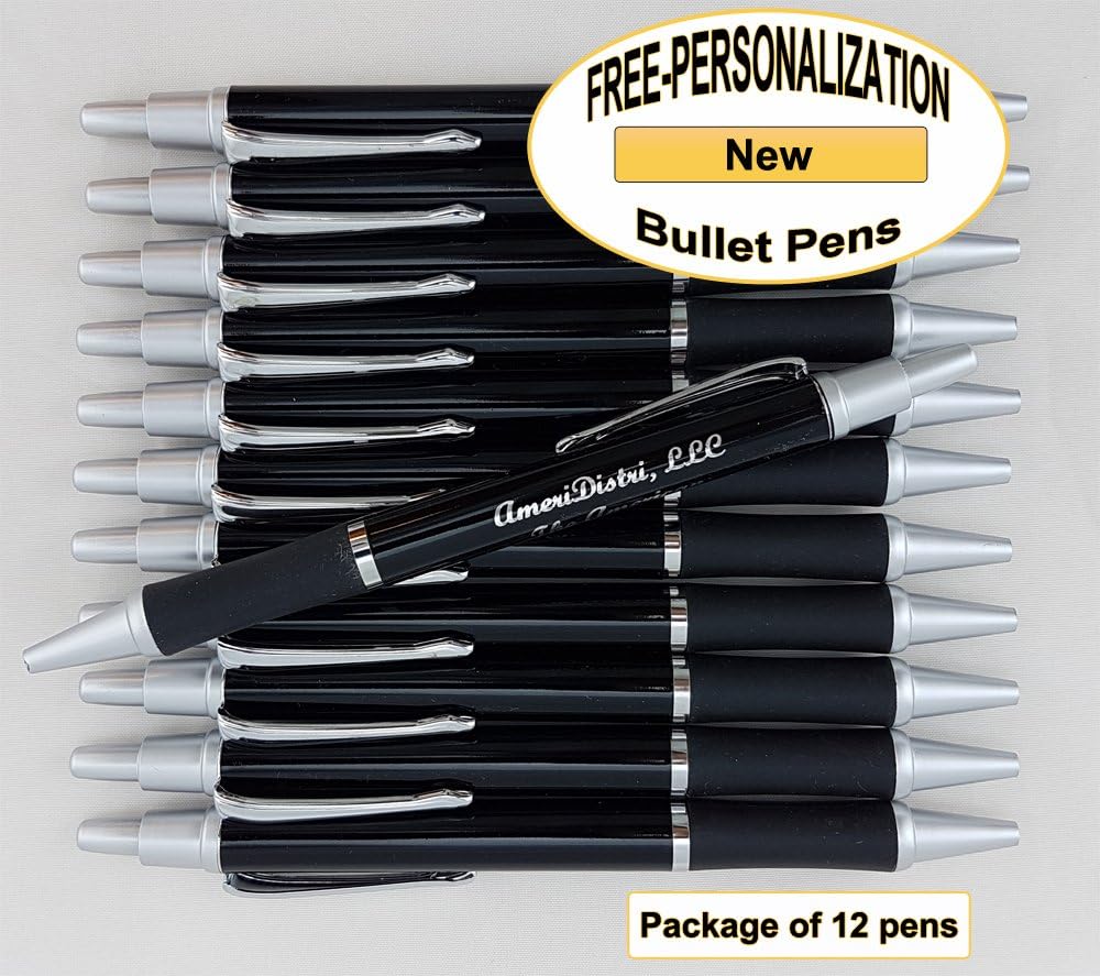 ezpencils - Personalized - Elegant Tip and Click Silver Accents on Black Solid Color Body and Black Grip - Bullet Ballpoint Pens - 12 pkg - ** FREE PERZONALIZATION **