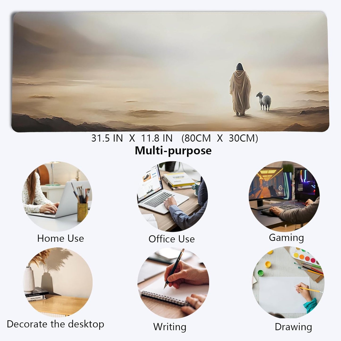 Retro Christian Themed Mouse Pad,Jesus Religious Mouse Pad,Jesus Finds The Lost Lamb Desk Mat,Big Large Vintage Easter Decor Desk Mat,Religious Gifts Christian Gifts for Women,31.5x11.8Inch