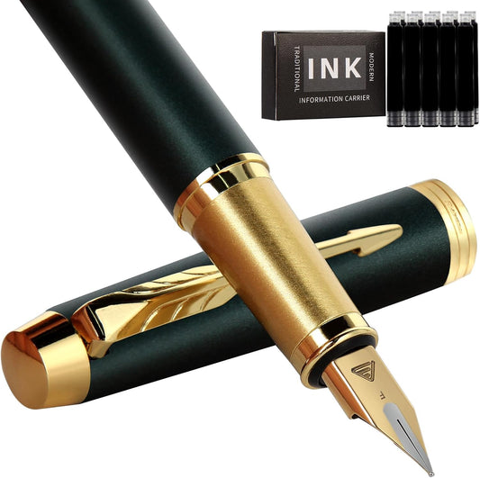 Fountain Pen, luxury Fine point smooth writing pen for journaling fancy pens with Gift Case 8 black ink cartridges an EF nib an ink converte nice pen writer gifts-Matte Green