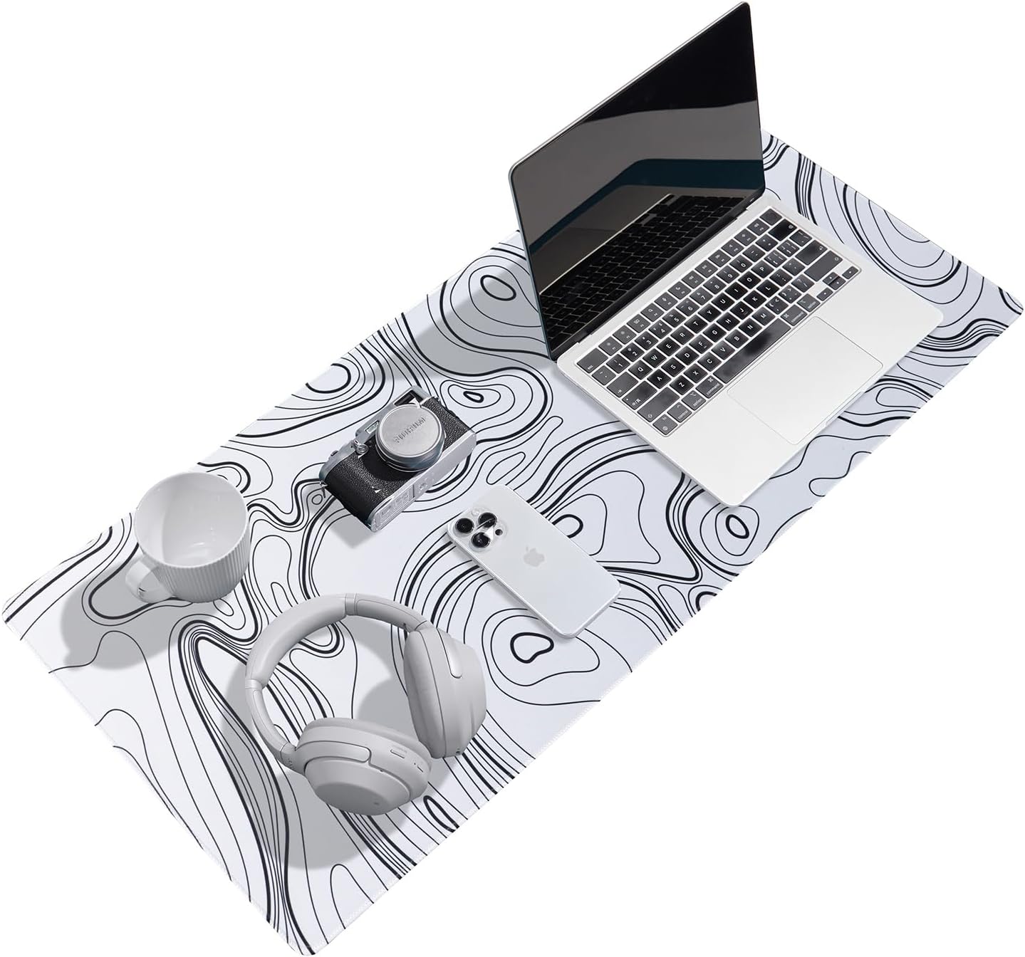 Waterproof Large Gaming Mouse Pad with Durable Stitched Edges, Non-Slip Rubber Base, Smooth Surface Mouse Mat Desk Pad for Home Office Gaming, 31.5"x11.8"x0.12", White Topographic Map