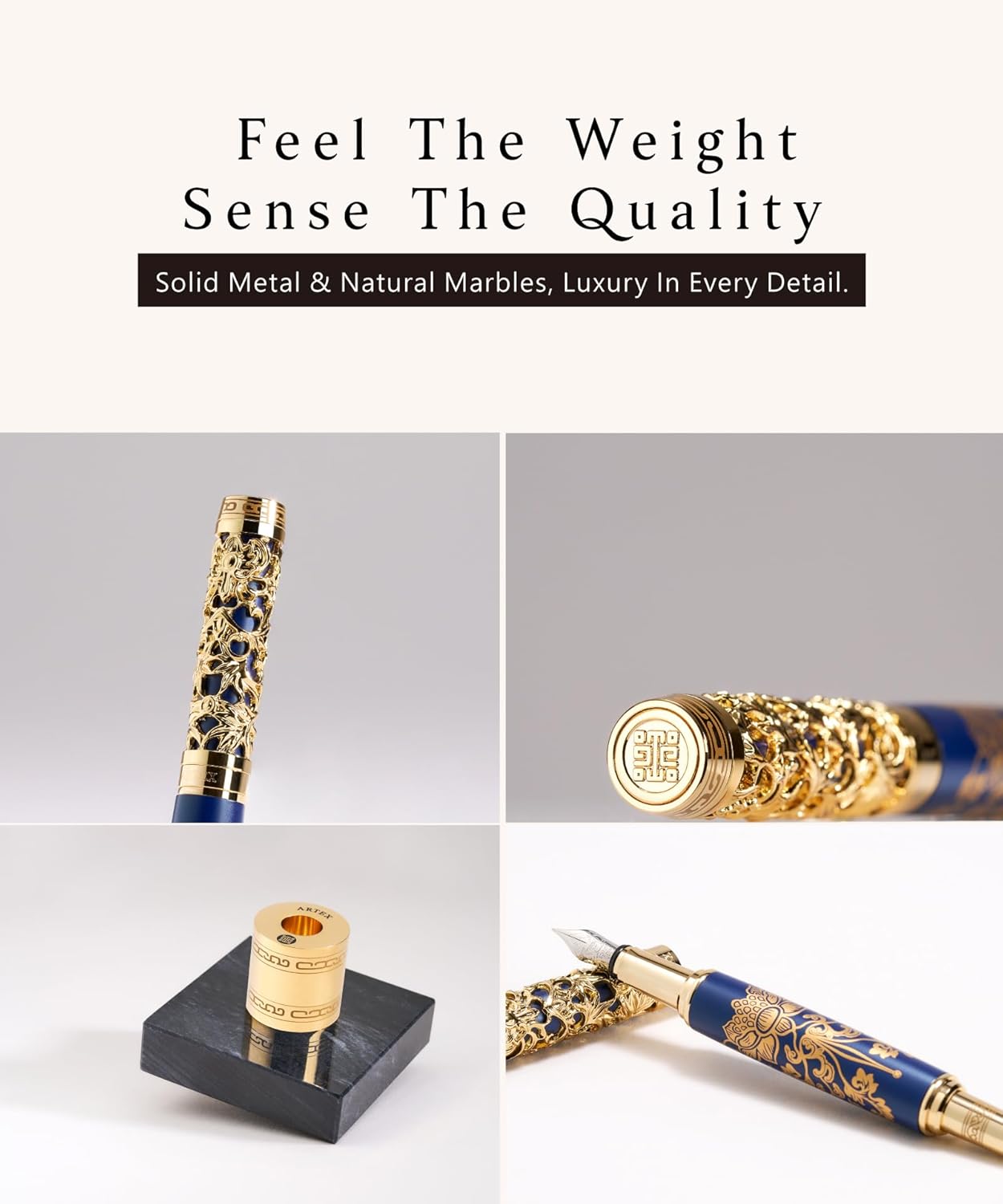 Luxury Fountain Pen Set With Stand - Museum Art Collections - Crafting Timeless Beauty - the Best Gift & Office Desk Decor, German SCHMIDT Fine Nib, Solid Metal & Marble Texture