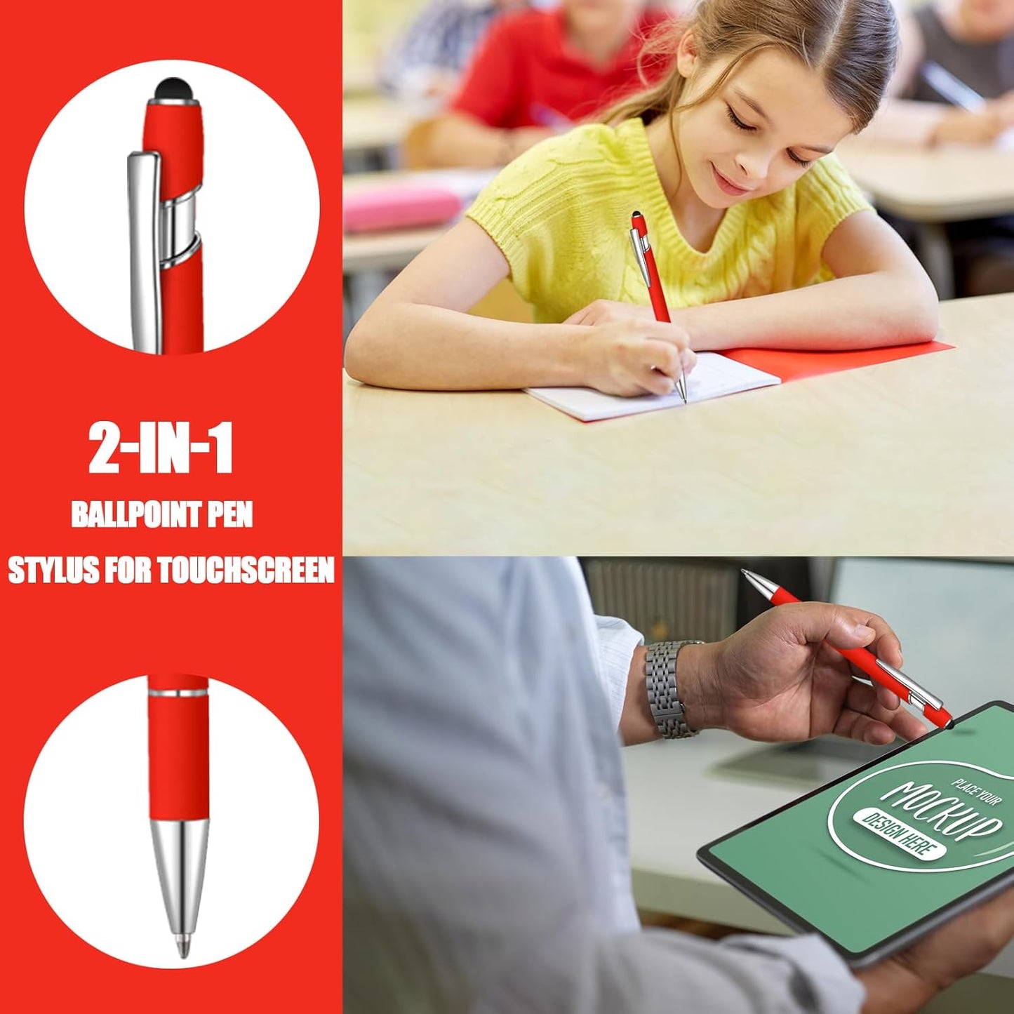 8 Pcs Blue Ink Ballpoint Pen with Stylus Tip 2 in 1 Stylus Ballpoint Pen Metal Pens Stylus Pen for Touch Screens School Office Coworkers (Red)