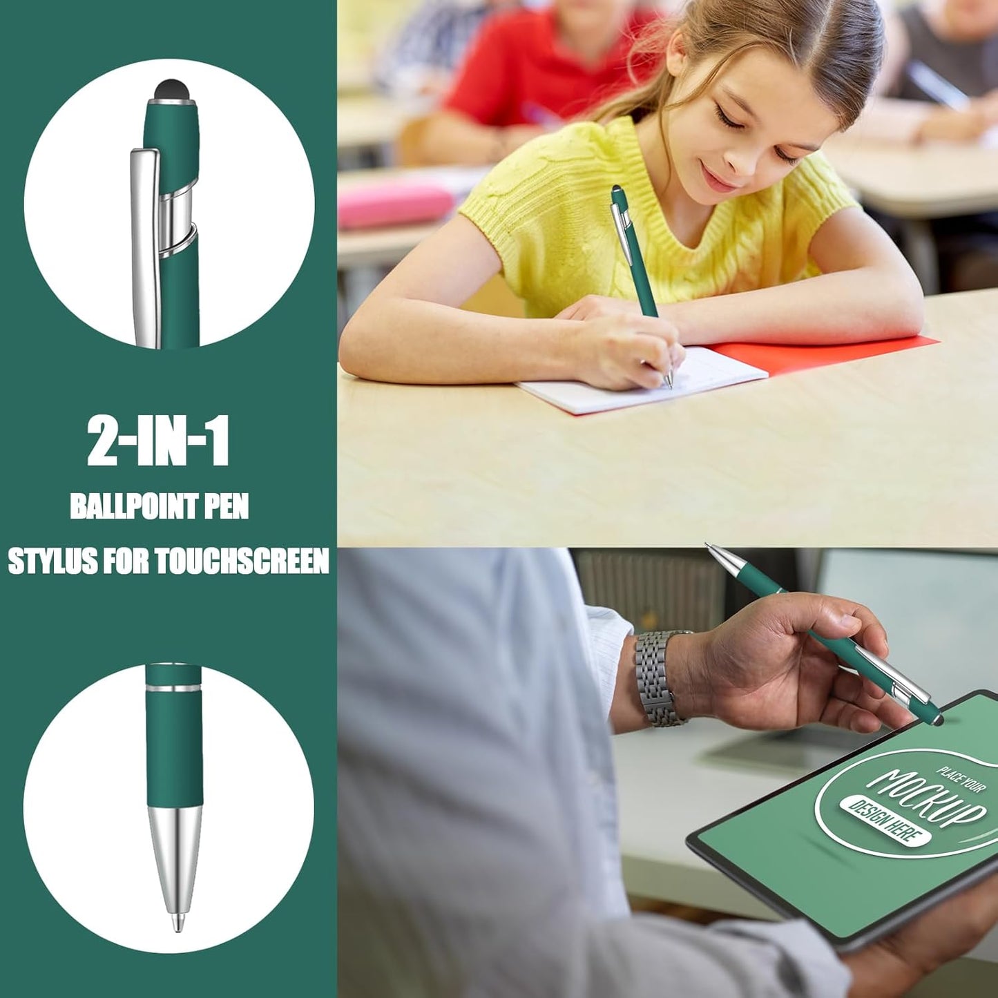 8 Pcs Blue Ink Ballpoint Pen with Stylus Tip 2 in 1 Stylus Ballpoint Pen Metal Pens Stylus Pen for Touch Screens School Office Coworkers (Dark Green)