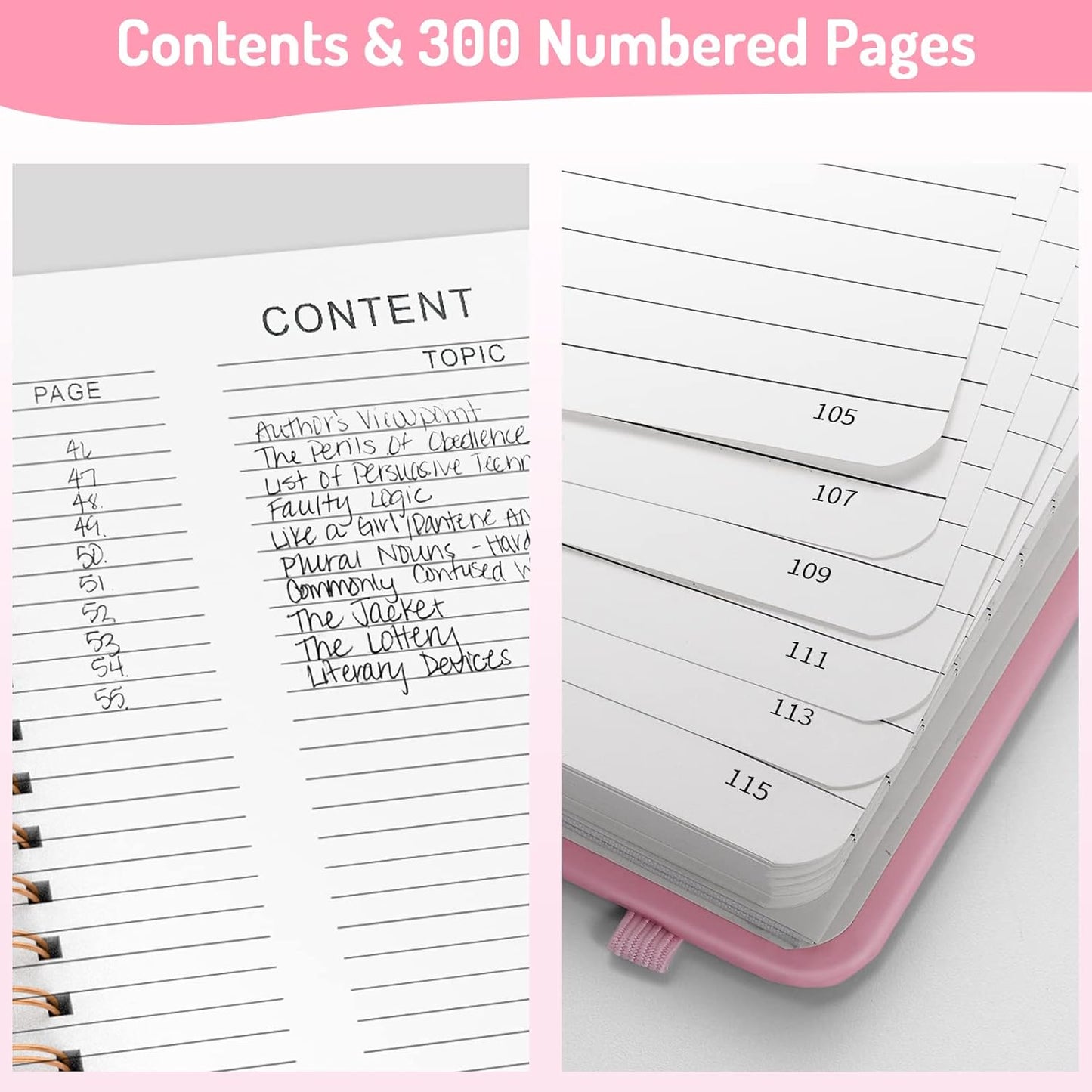 Forvencer Lined Spiral Journal Notebook with 300 Numbered Pages, B5 College Ruled Thick Journals for Writing with 100GSM Paper, Hardcover Notebooks with Contents for Work, School, Women, Men, Pink