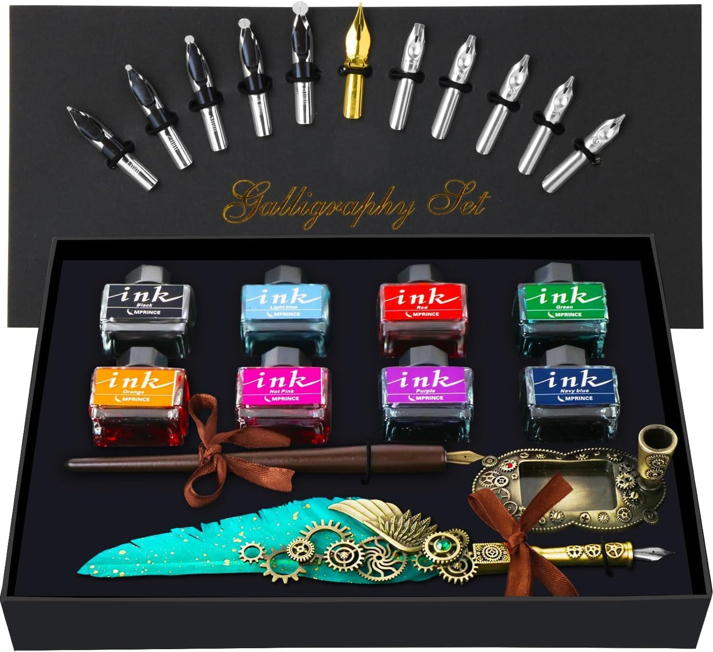 Feather Quill Pen ink Set,Calligraphy Pen Set,Include Quill Pen,Wood Dip Pen,8 Bottles Of Ink,13 Stainless Steel Nibs Of Different Sizes,Pen Holder,Envelope Paper